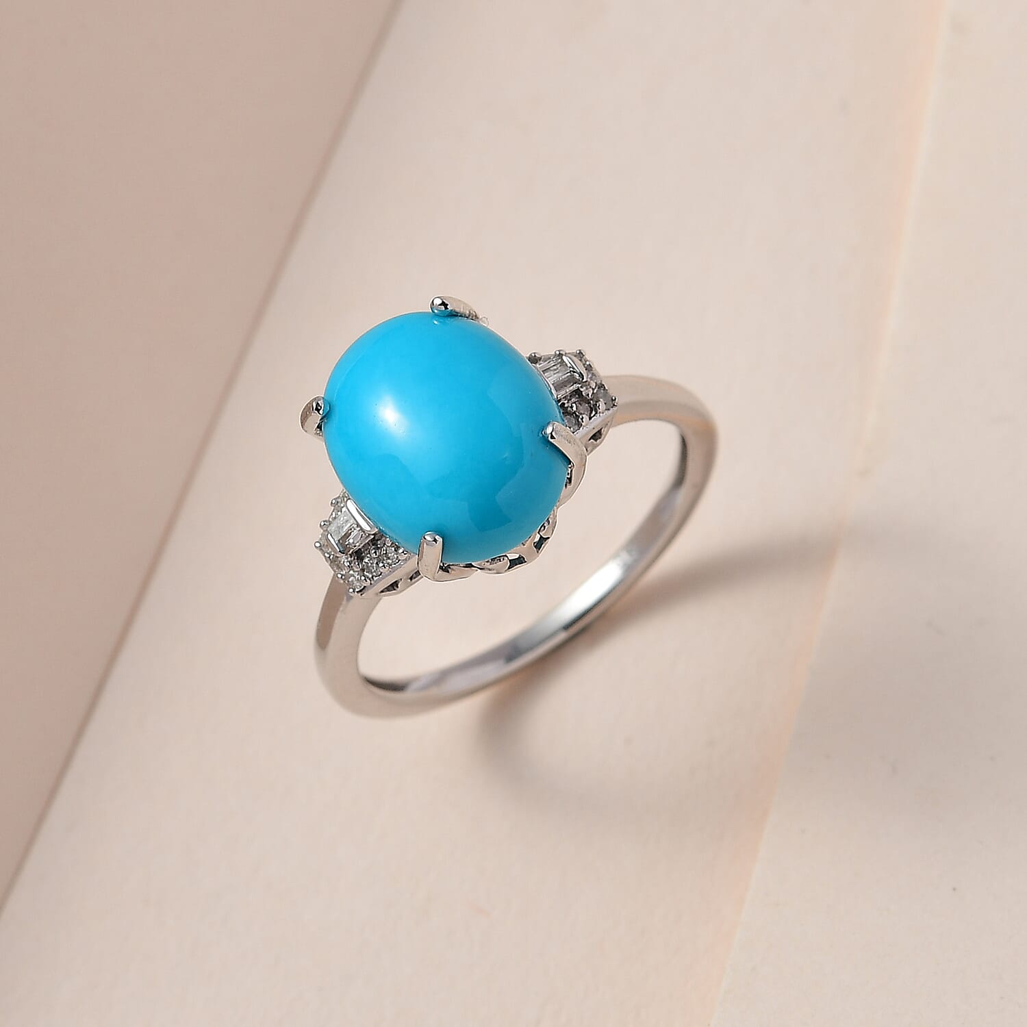 9K White Gold Arizona Sleeping Beauty Turquoise and Diamond  Ring 3.57 Ct