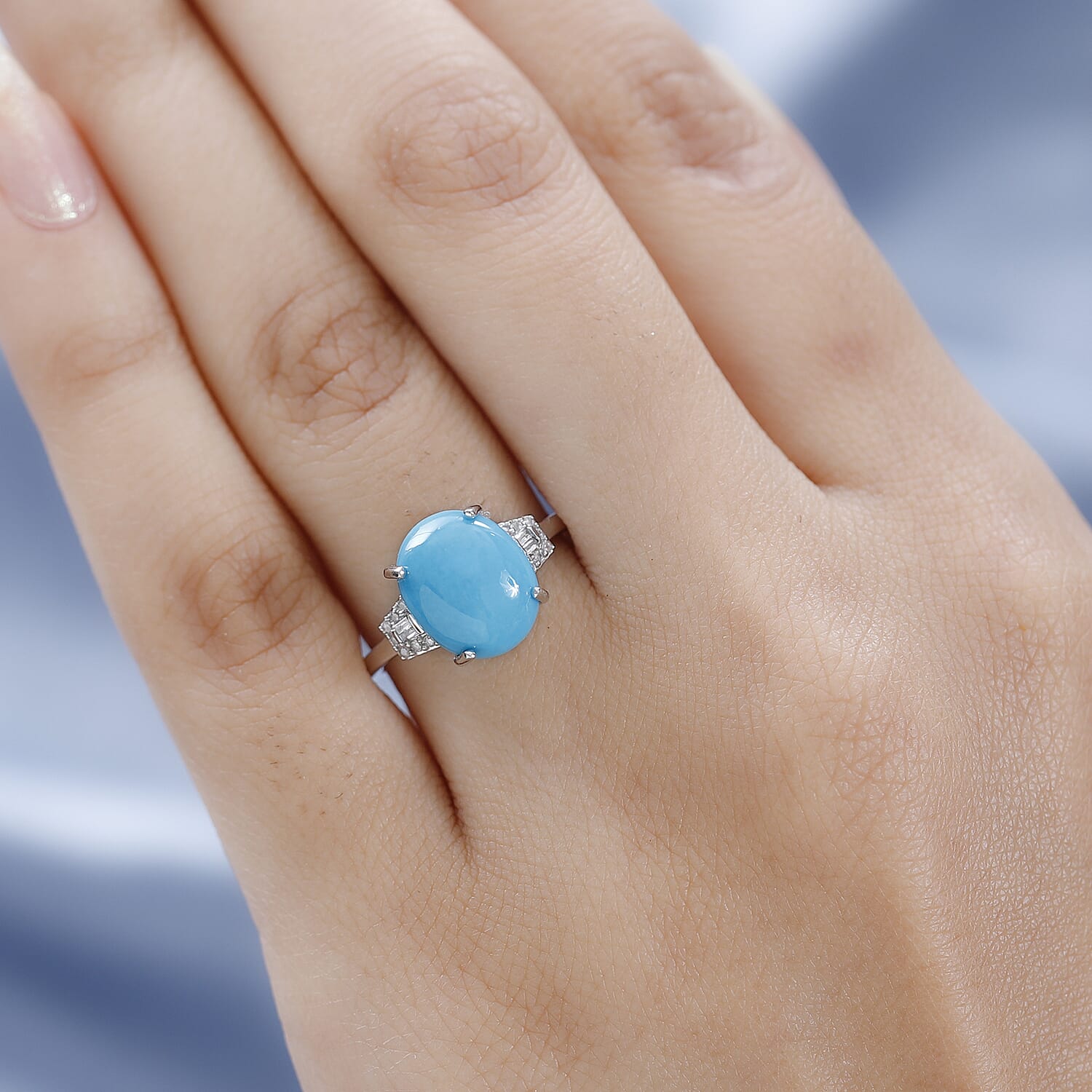 9K White Gold Arizona Sleeping Beauty Turquoise and Diamond  Ring 3.57 Ct