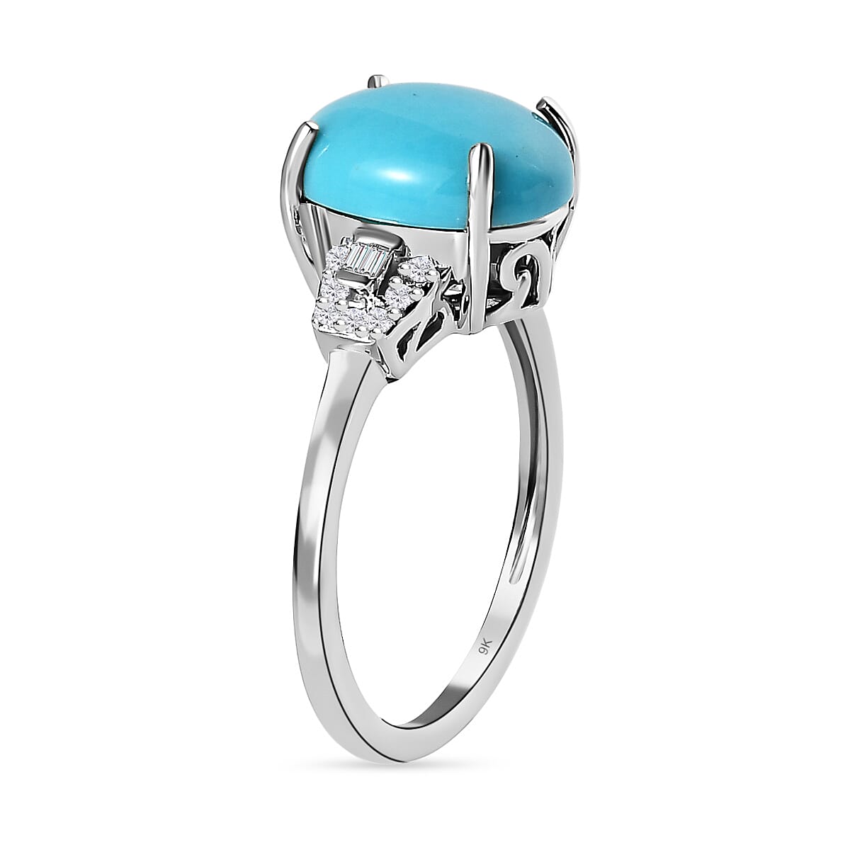 9K White Gold Arizona Sleeping Beauty Turquoise and Diamond  Ring 3.57 Ct