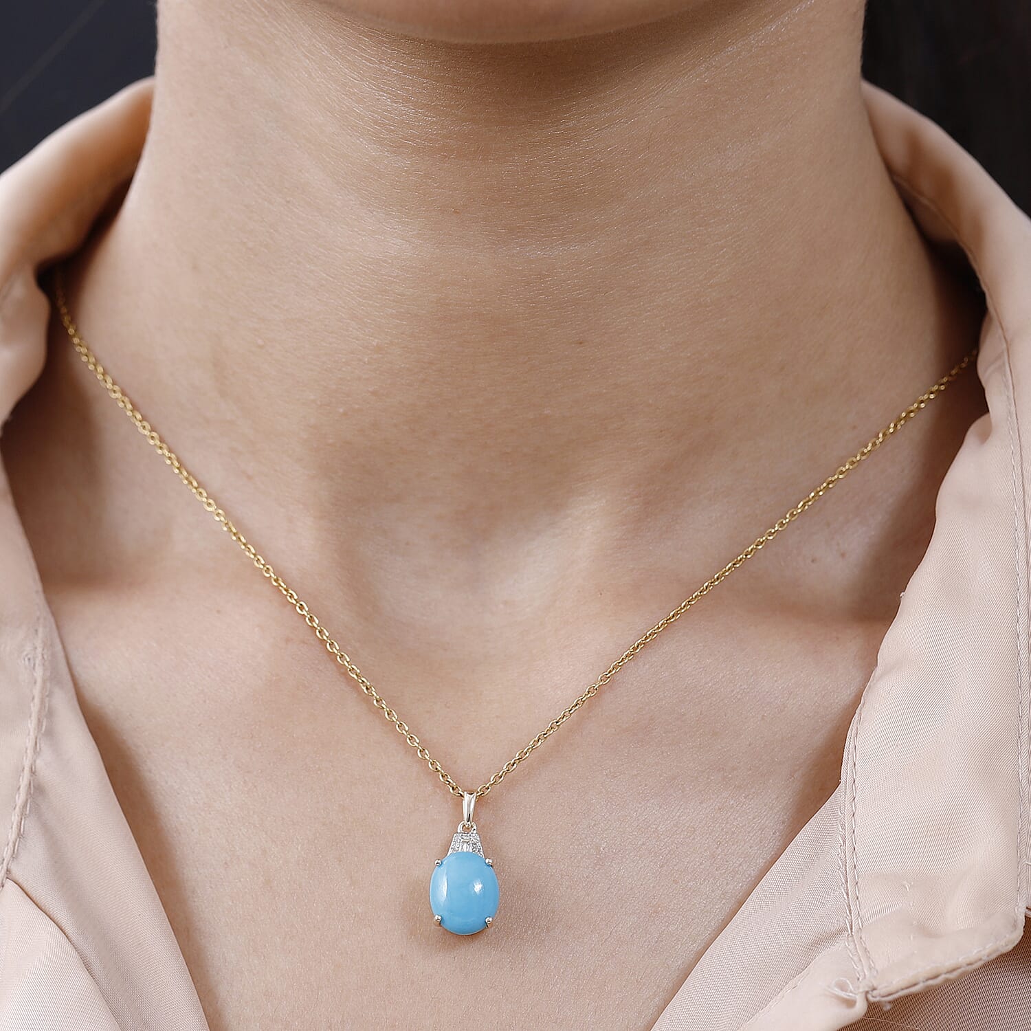 9K Yellow Gold Sleeping Beauty Turquoise ,White Diamond  Main Stone With Side Stone Pendant 3.53 Ct.