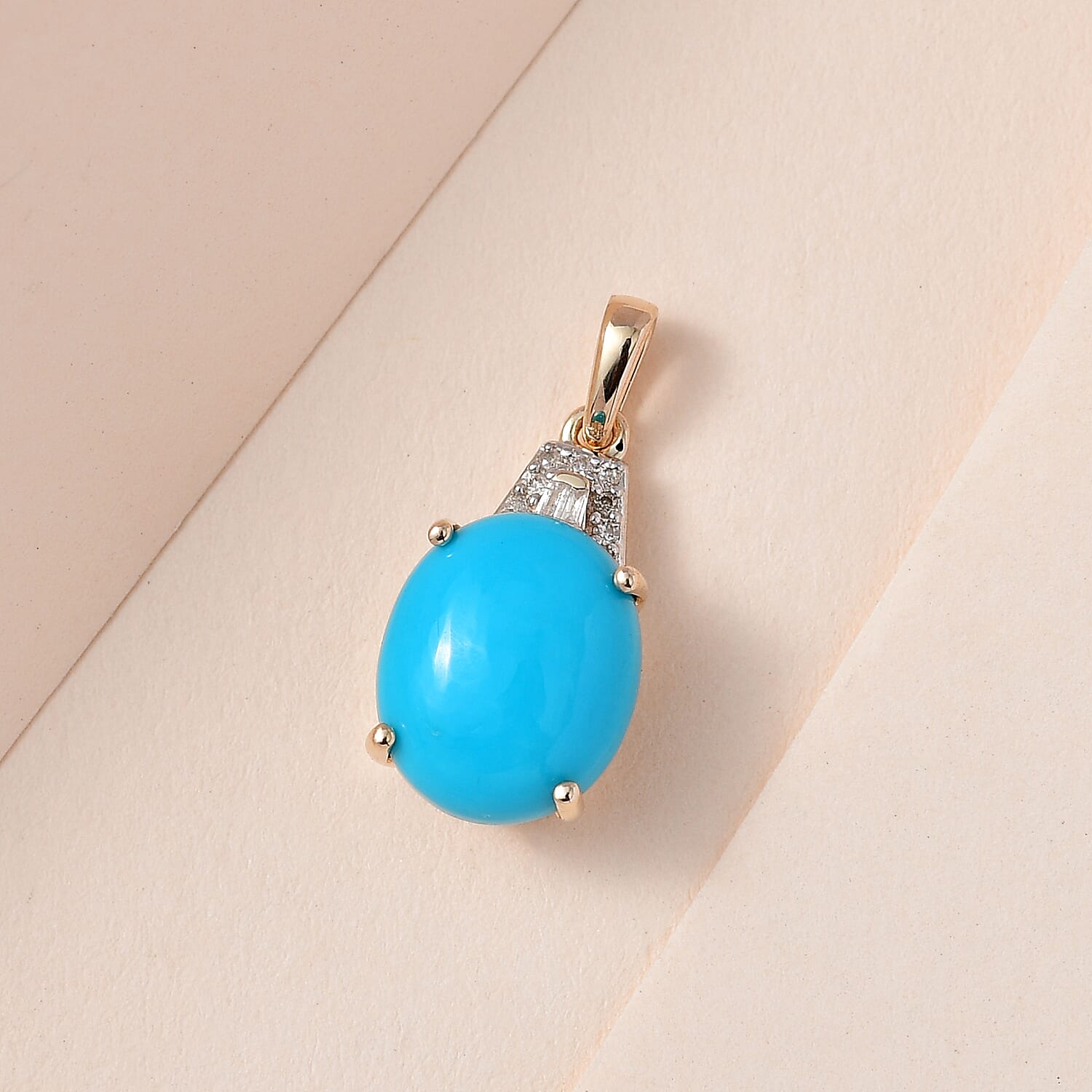 9K Yellow Gold Sleeping Beauty Turquoise ,White Diamond  Main Stone With Side Stone Pendant 3.53 Ct.