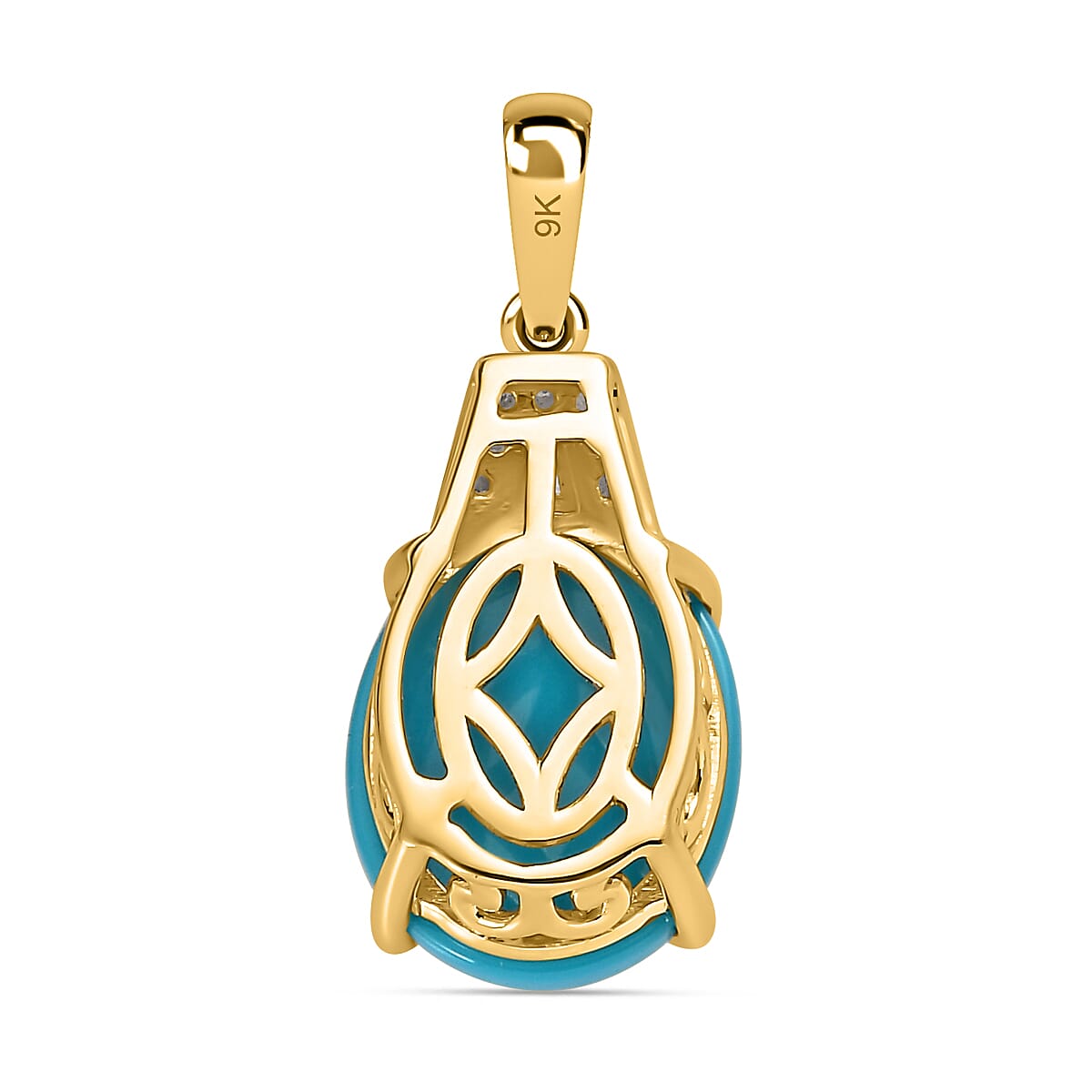 9K Yellow Gold Sleeping Beauty Turquoise ,White Diamond  Main Stone With Side Stone Pendant 3.53 Ct.