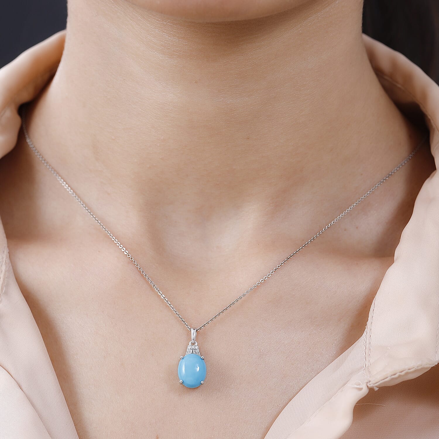 9K White Gold Arizona Sleeping Beauty Turquoise & White Diamond Pendant 3.53 Ct.