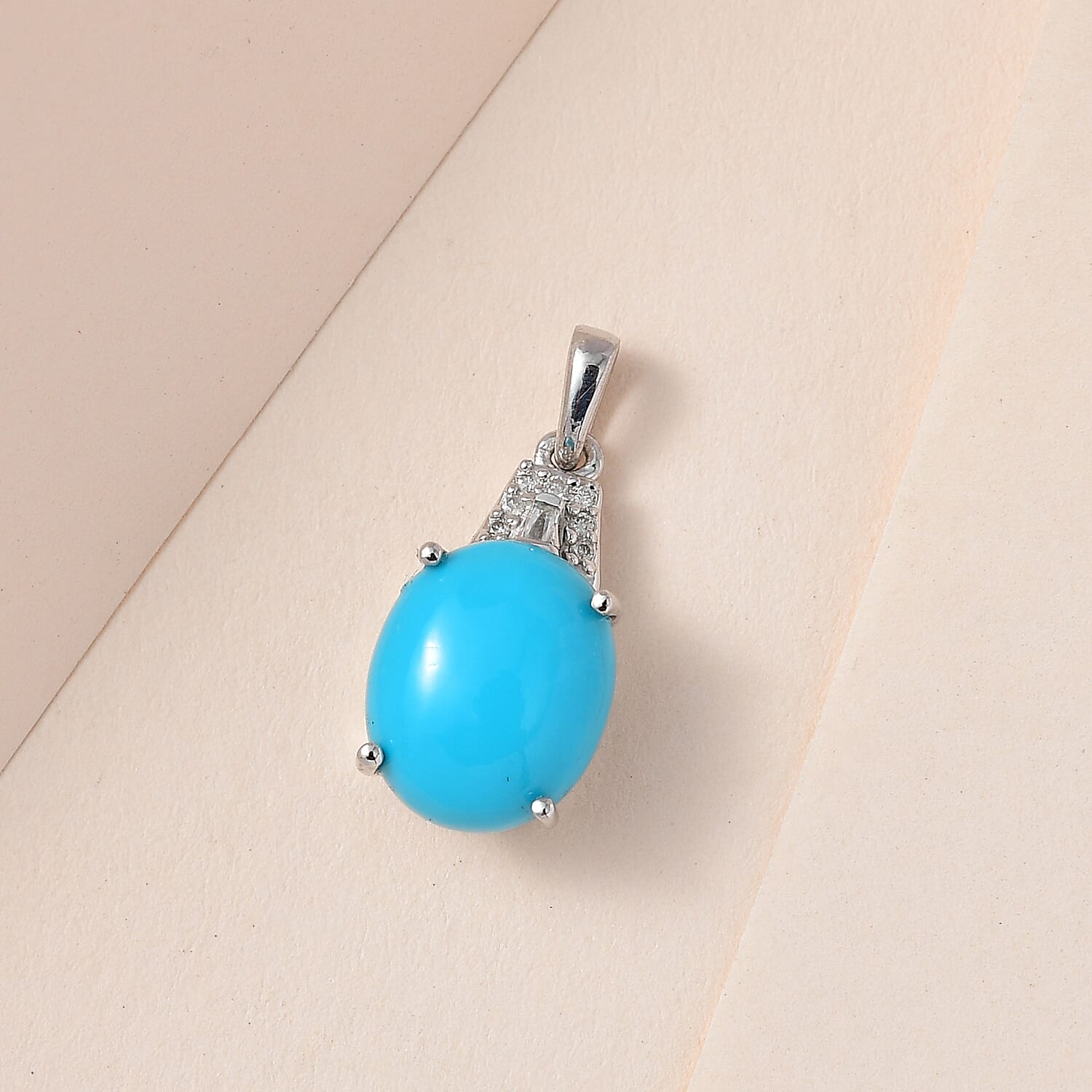 9K White Gold Arizona Sleeping Beauty Turquoise & White Diamond Pendant 3.53 Ct.