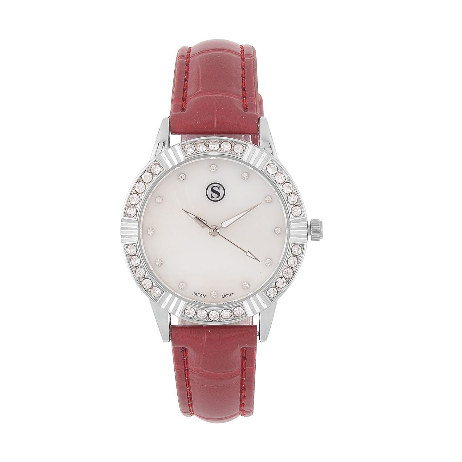 STRADA Japanese Movement Crystal Studed Water Resistant Stainless Steel Watch with Red Strap