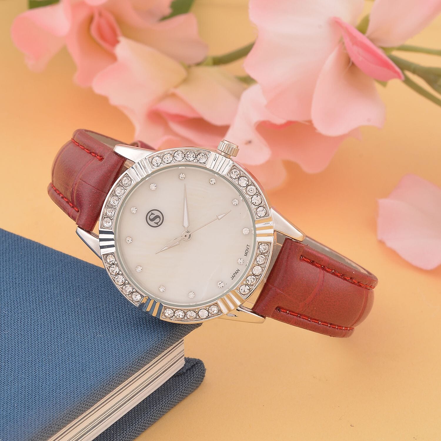 STRADA Japanese Movement Crystal Studed Water Resistant Stainless Steel Watch with Red Strap