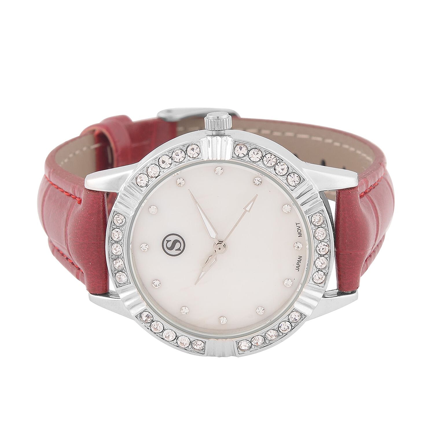STRADA Japanese Movement Crystal Studed Water Resistant Stainless Steel Watch with Red Strap
