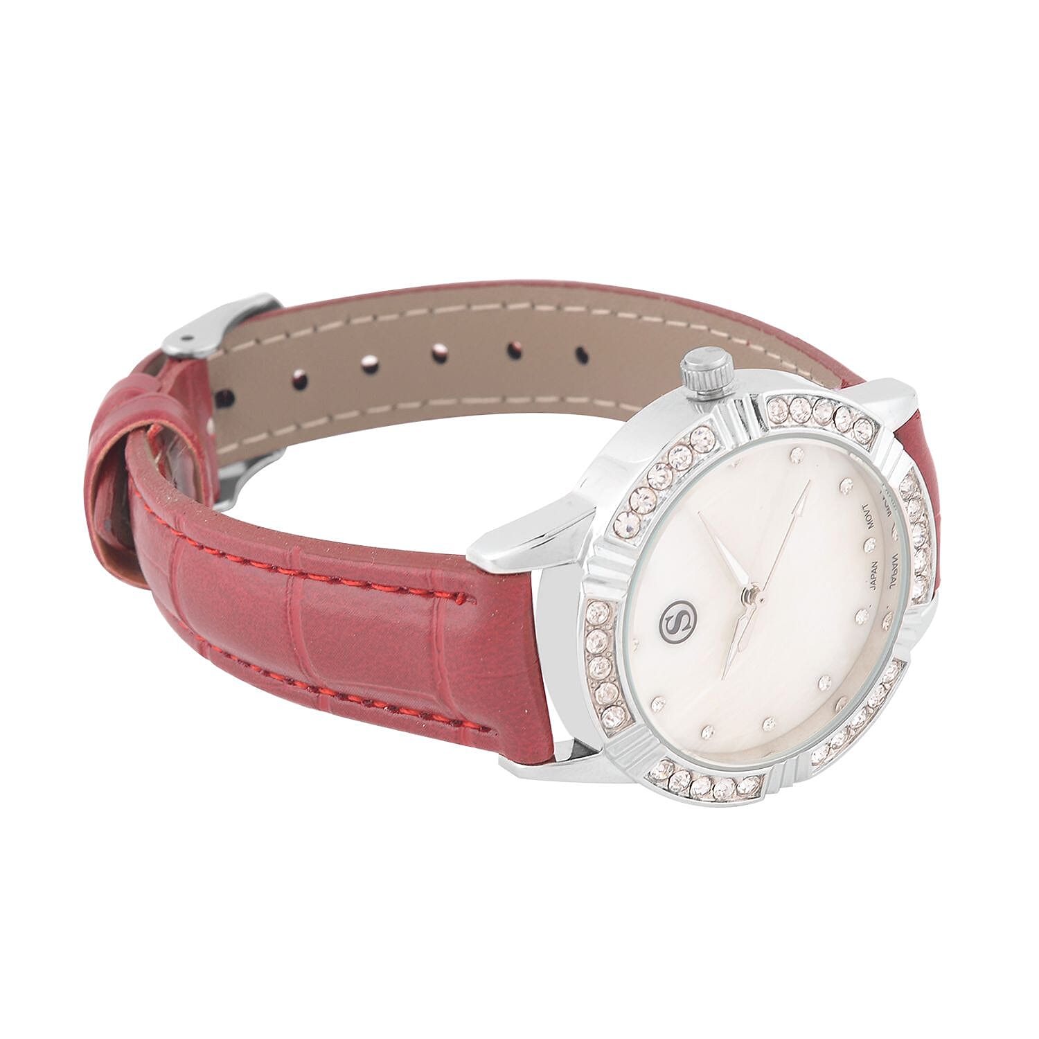 STRADA Japanese Movement Crystal Studed Water Resistant Stainless Steel Watch with Red Strap