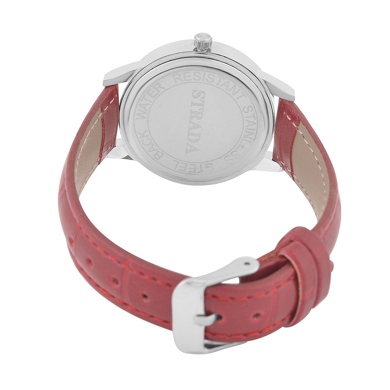 STRADA Japanese Movement Crystal Studed Water Resistant Stainless Steel Watch with Red Strap