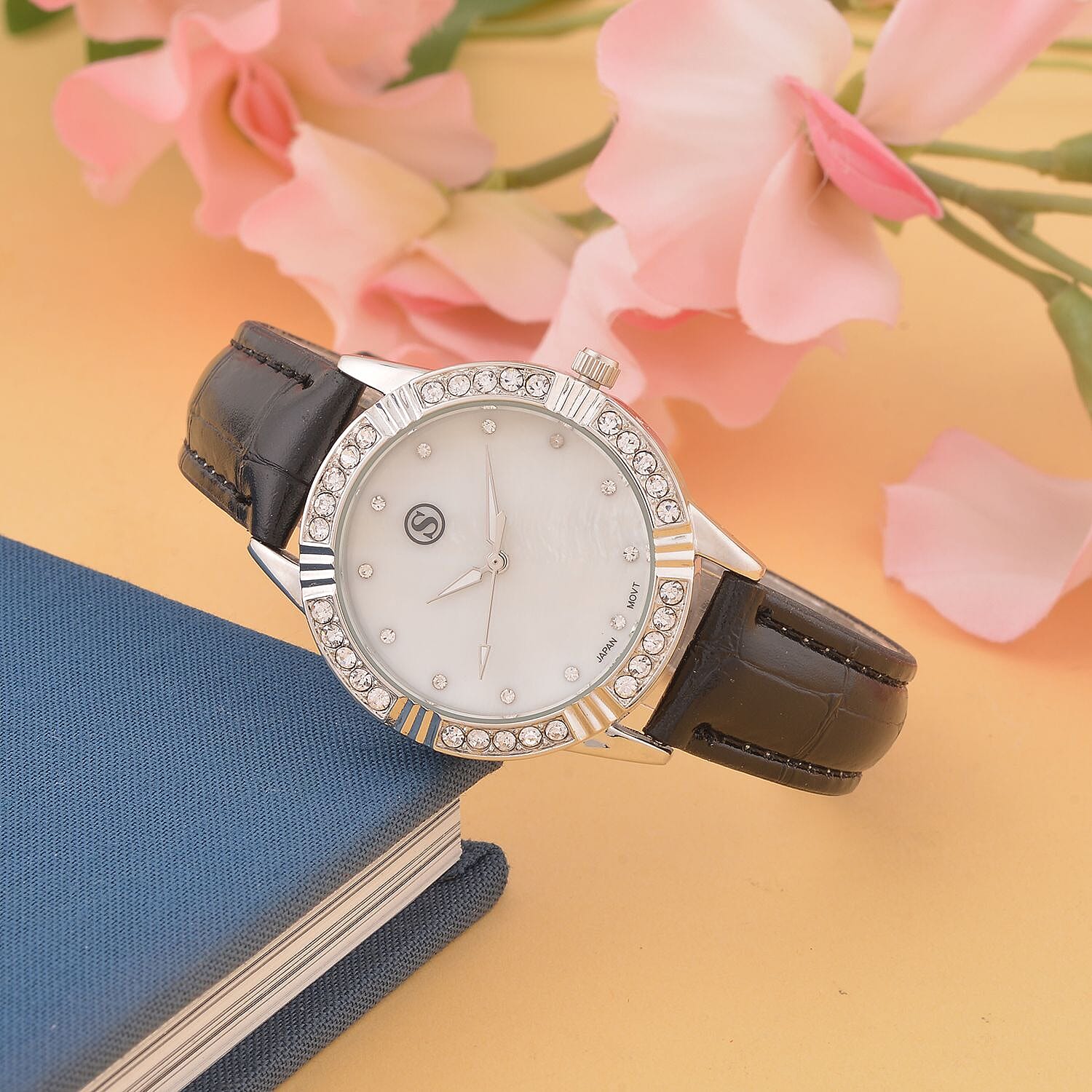 STRADA Japanese Movement Crystal Studed Water Resistant Stainless Steel Watch with Black Strap