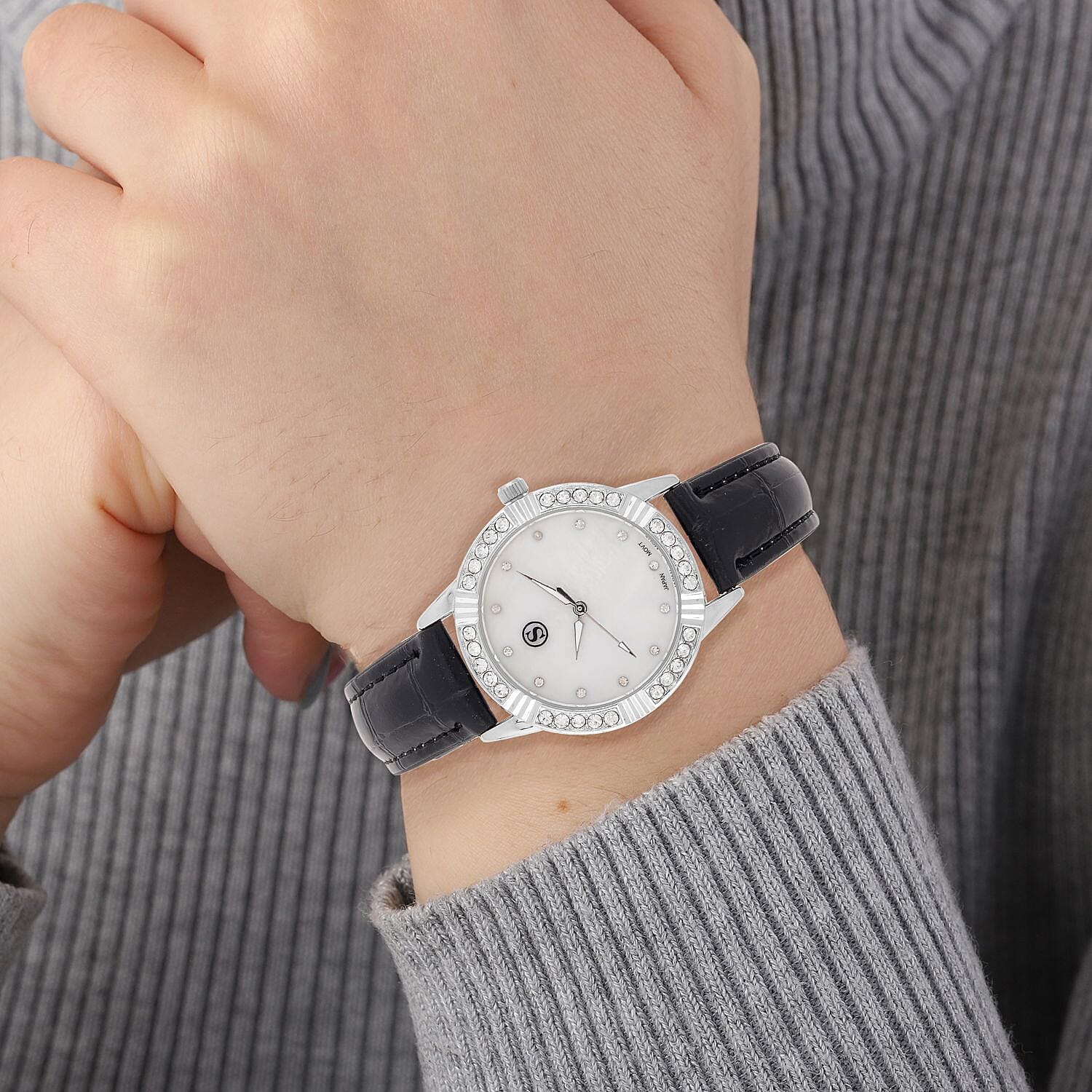 STRADA Japanese Movement Crystal Studed Water Resistant Stainless Steel Watch with Black Strap