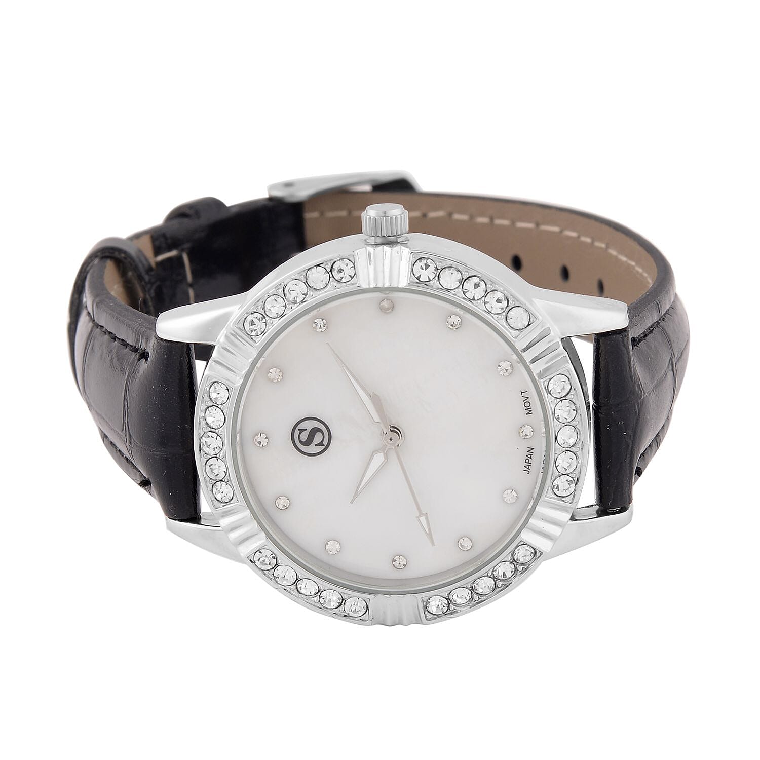 STRADA Japanese Movement Crystal Studed Water Resistant Stainless Steel Watch with Black Strap