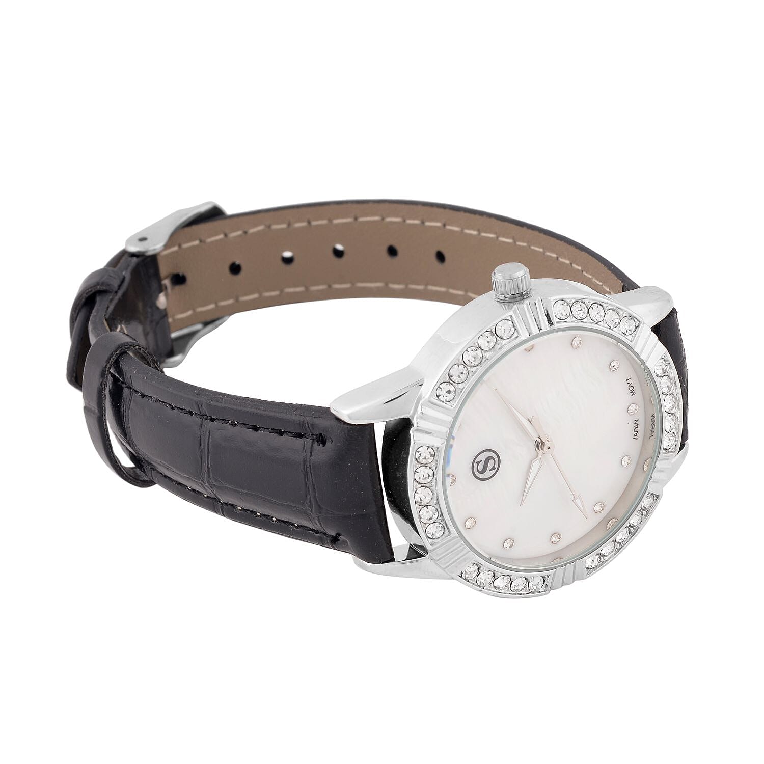 STRADA Japanese Movement Crystal Studed Water Resistant Stainless Steel Watch with Black Strap