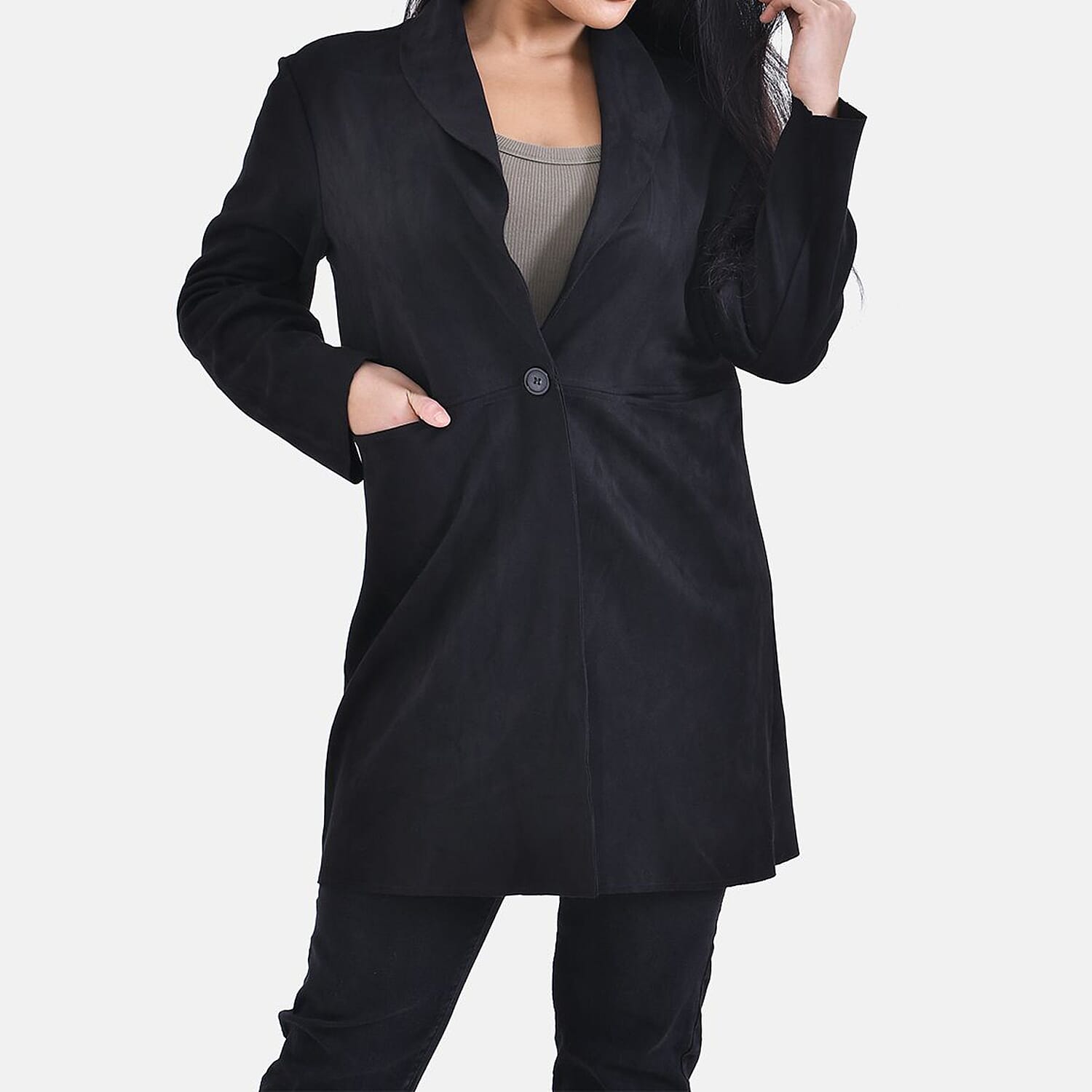 Tamsy Suedette Knitted Duster Coat (Size S) - Black