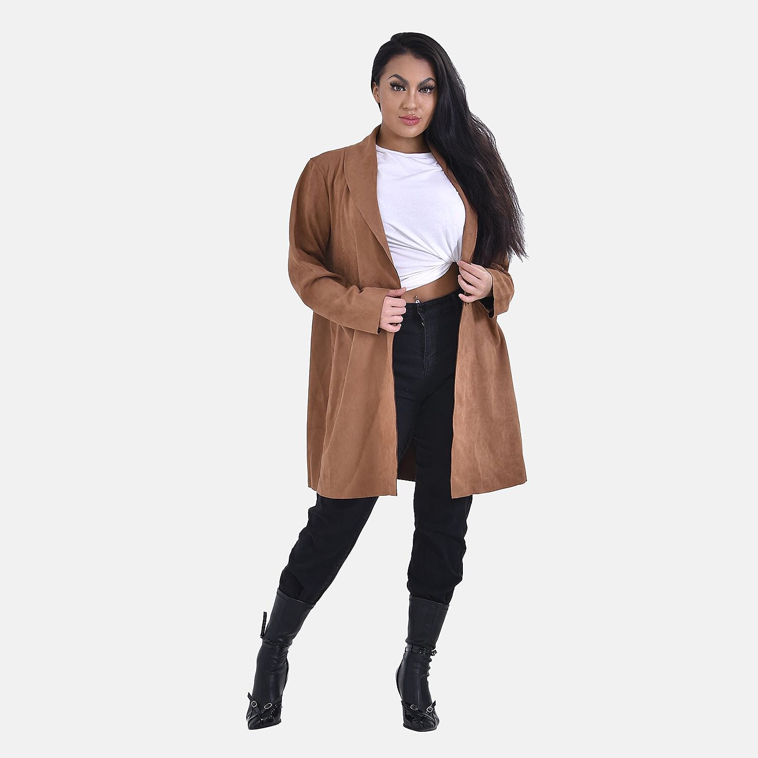 Tamsy Suedette Knitted Duster Coat (Size S) - Black