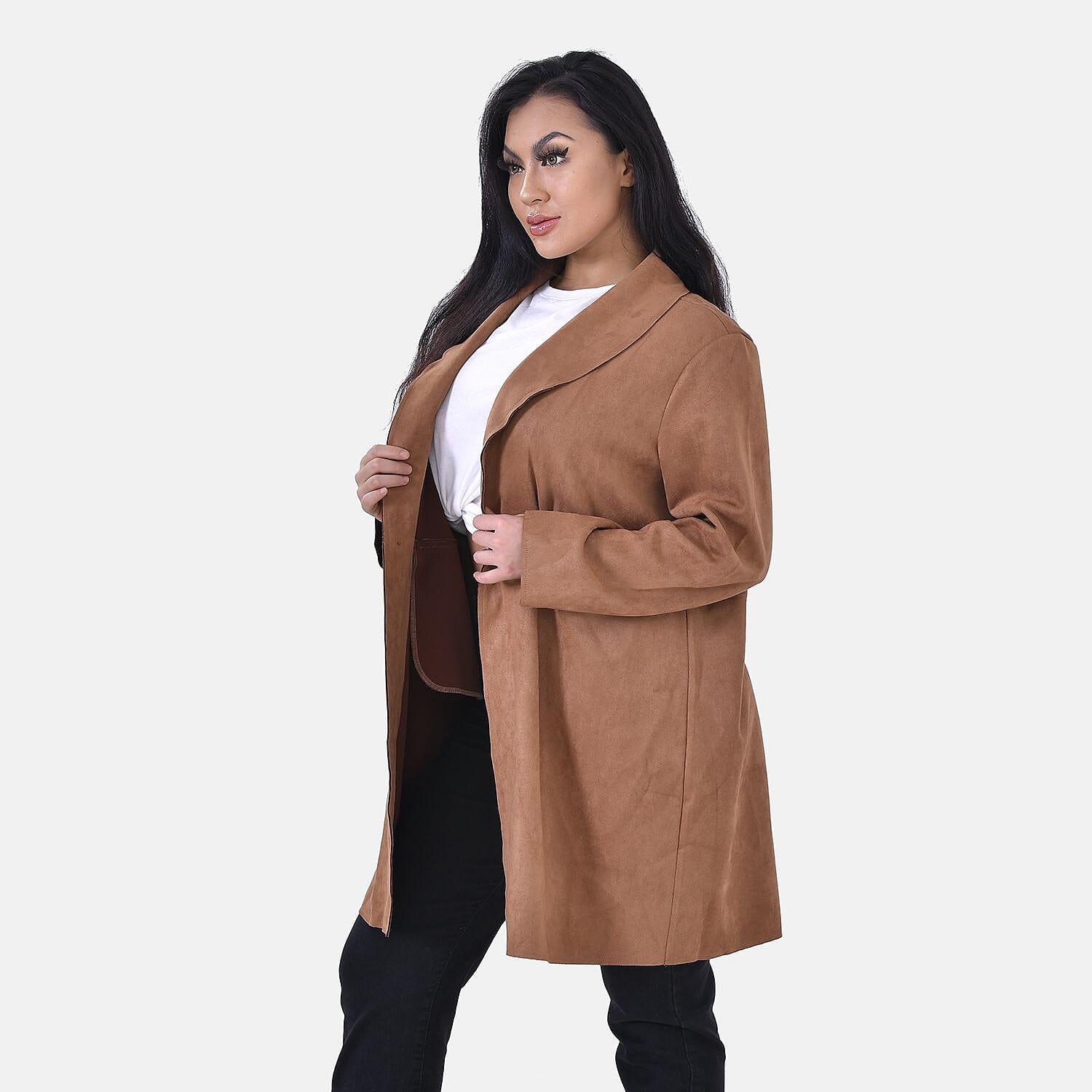 Tamsy Suedette Knitted Duster Coat (Size S) - Black