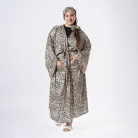 Leopard Print Dressing Gown with Matching Eye Mask & Scrunchy (One Size 8-18) - Beige