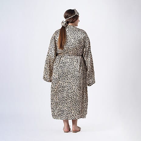 Leopard Print Dressing Gown with Matching Eye Mask - Scrunchy (One Size 8-18) - Beige