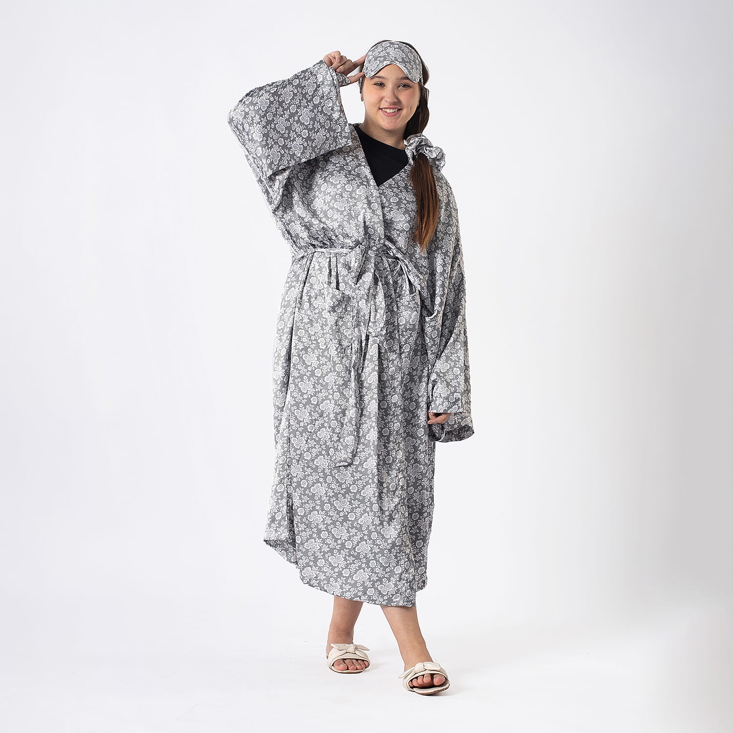 Robe with Eye Mask & Scrunchy (One Size) - Beige