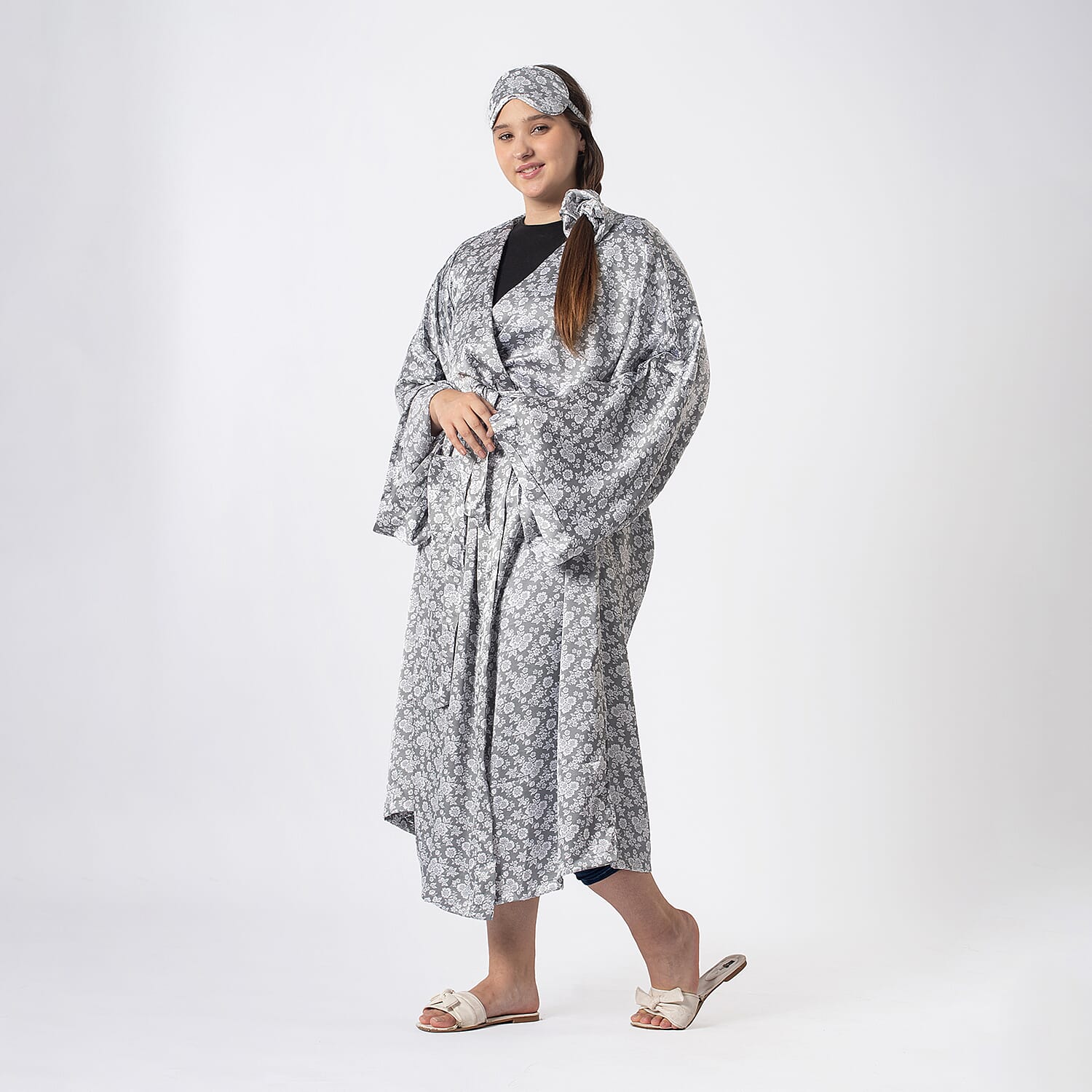 Robe with Eye Mask & Scrunchy (One Size) - Beige