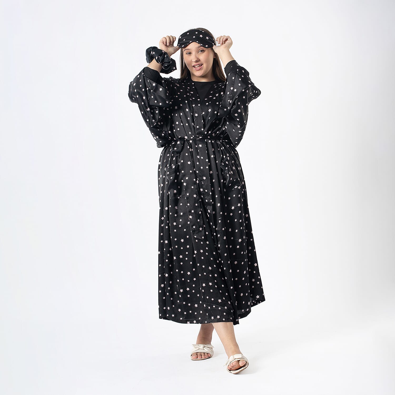 Robe with Eye Mask & Scrunchy (One Size) - Beige