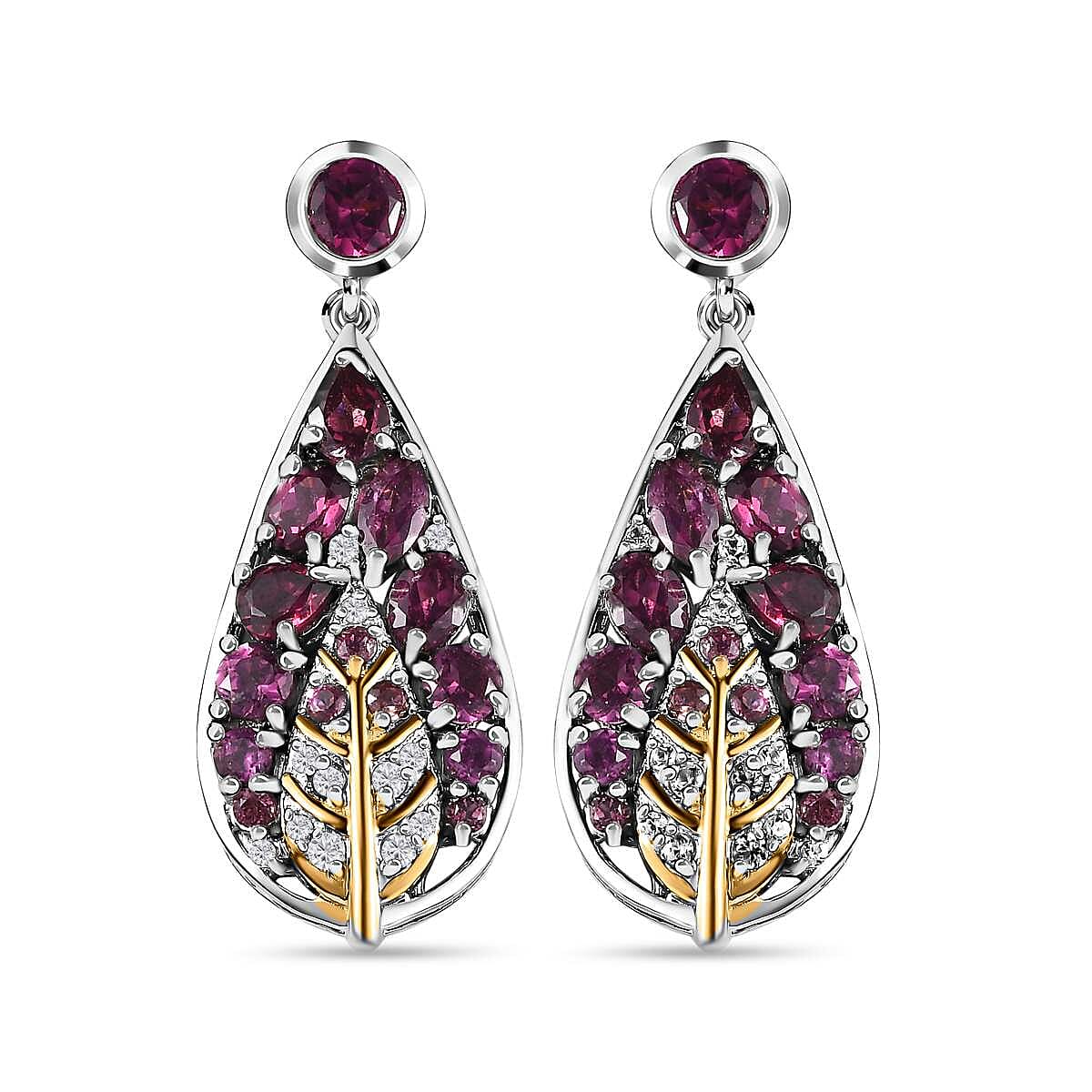 GP- Leaf Collection - Rhodolite Garnet and Multi Gemstone Earrings in 18K Yellow Gold Vermeil & Platinum Plated Sterling Silver 4.12 Ct