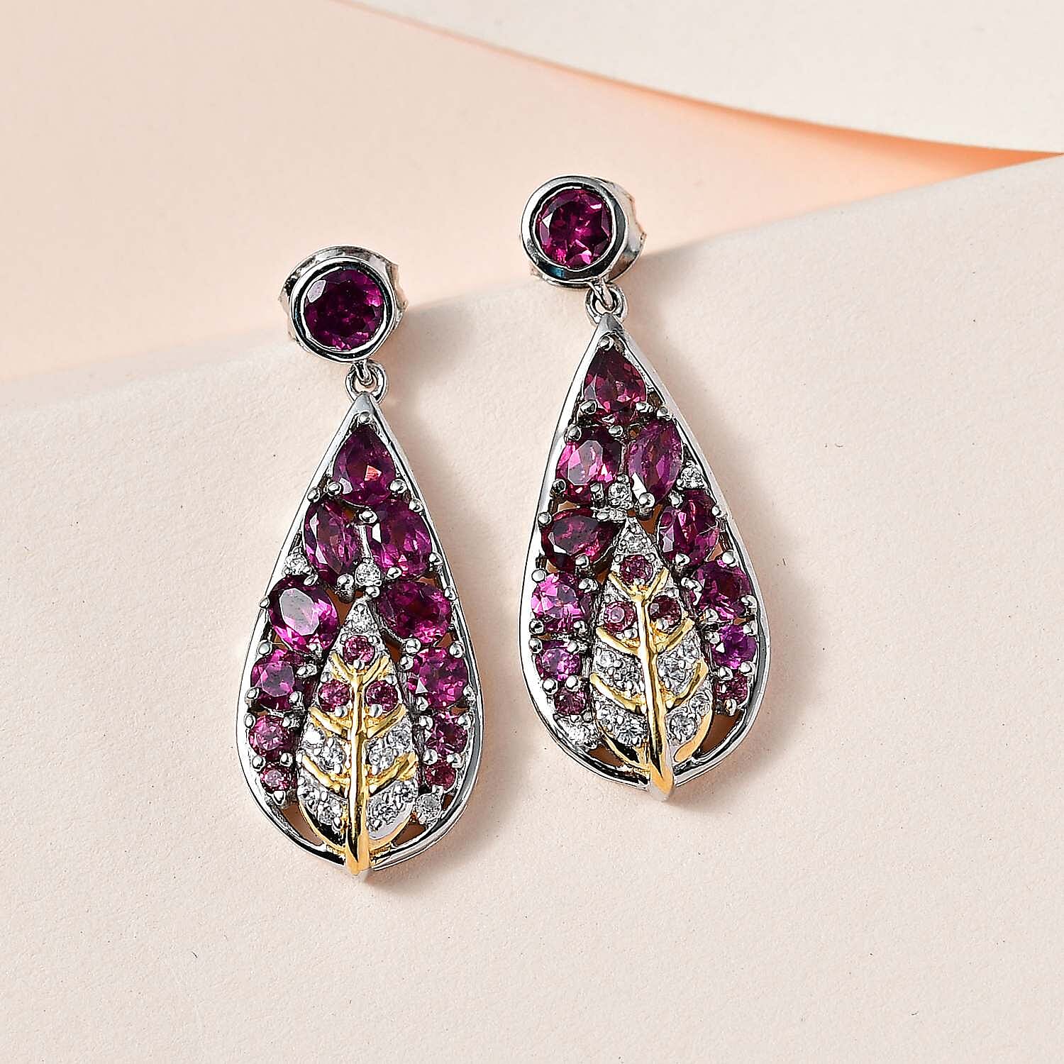 GP- Leaf Collection - Rhodolite Garnet and Multi Gemstone Earrings in 18K Yellow Gold Vermeil & Platinum Plated Sterling Silver 4.12 Ct