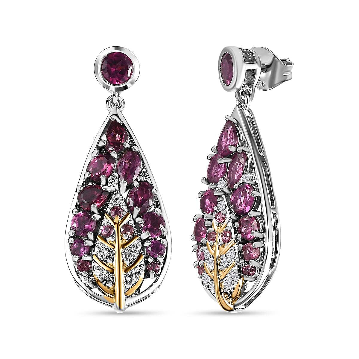 GP- Leaf Collection - Rhodolite Garnet and Multi Gemstone Earrings in 18K Yellow Gold Vermeil & Platinum Plated Sterling Silver 4.12 Ct