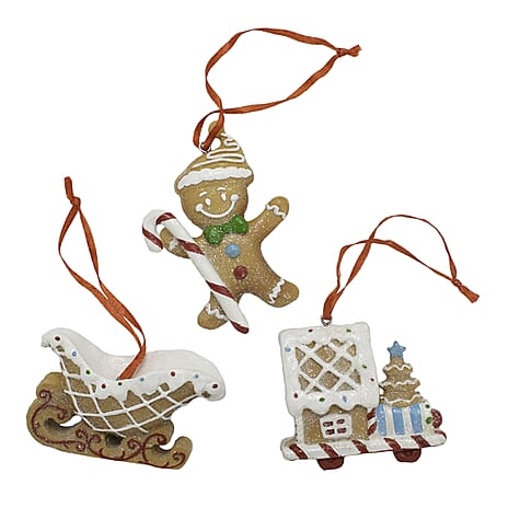 Set of 3 Hanging Gingerbread Christmas Tree Decor Ornaments - Red (House, Sleigh & Man)