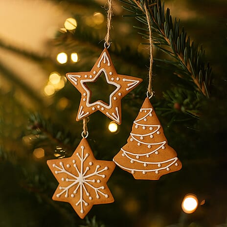 Set of 3 Hanging Gingerbread Christmas Tree Decor Ornaments - Rose Gold (Stars & Bell)