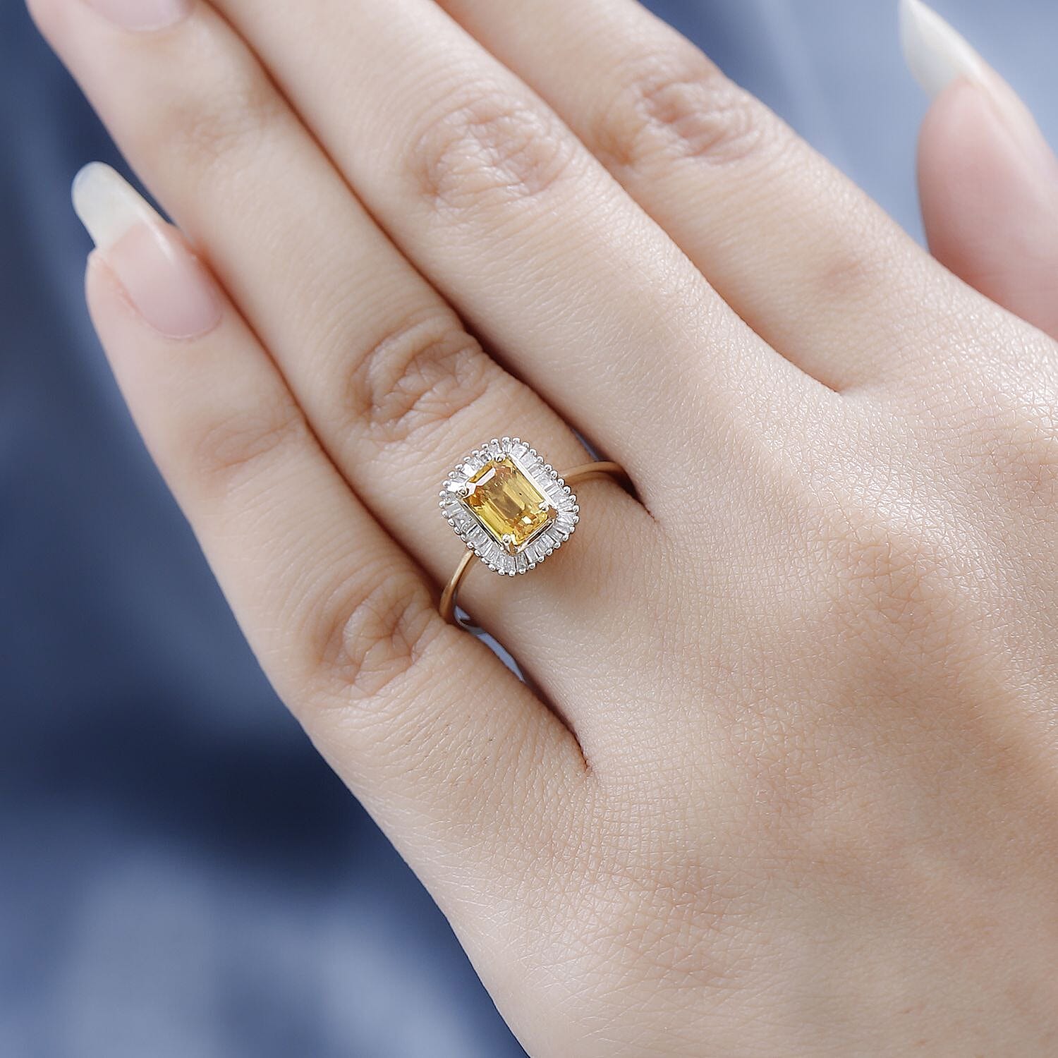 9K Yellow Gold Yellow Sapphire, White Diamond Halo Ring 1.43 Ct. 9K Yellow Gold Yellow Sapphire, White Diamond Halo Ring 1.43 Ct.