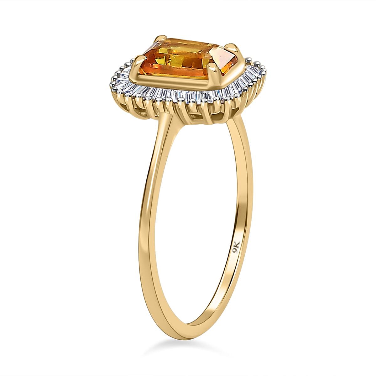 9K Yellow Gold Yellow Sapphire, White Diamond Halo Ring 1.43 Ct. 9K Yellow Gold Yellow Sapphire, White Diamond Halo Ring 1.43 Ct.