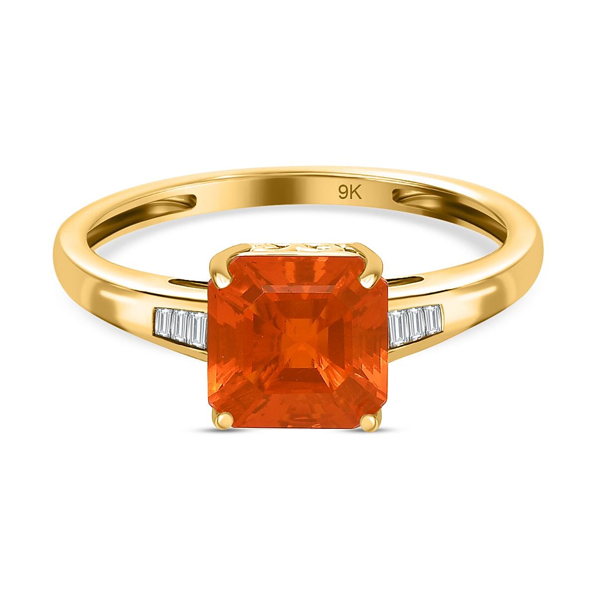 9K Yellow Gold  AA  Fire Opal, White Diamond Main Stone With Side Stone Ring 1.23 Ct.