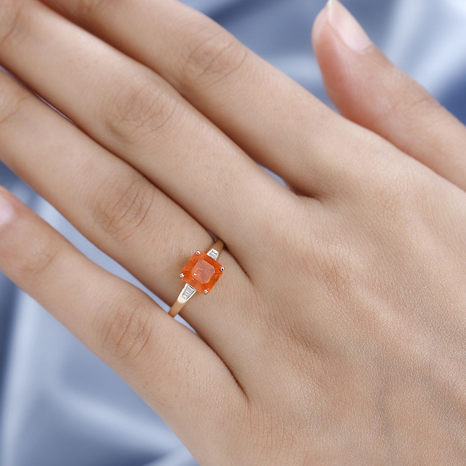 9K Yellow Gold  AA  Fire Opal, White Diamond Main Stone With Side Stone Ring 1.23 Ct.