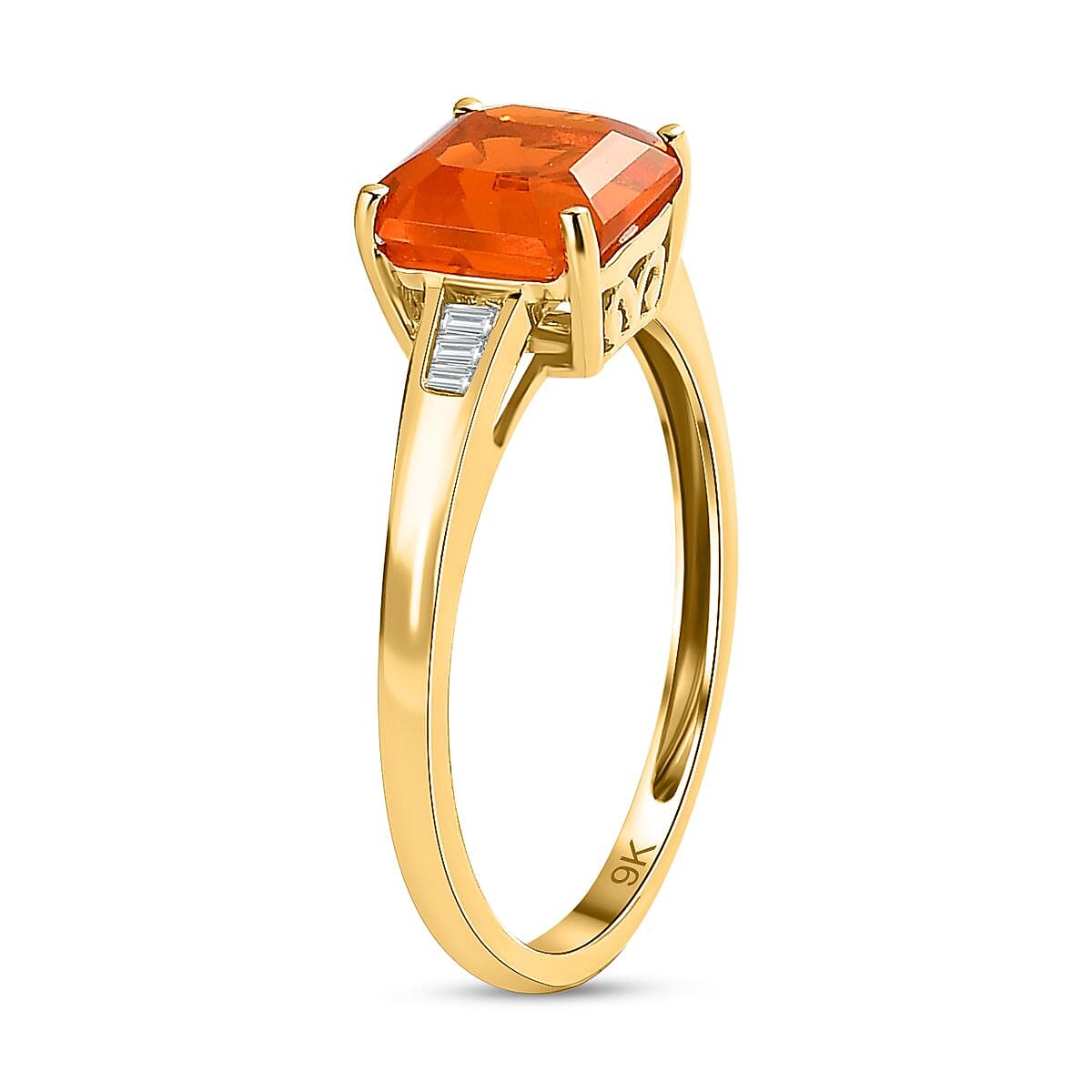 9K Yellow Gold  AA  Fire Opal, White Diamond Main Stone With Side Stone Ring 1.23 Ct.