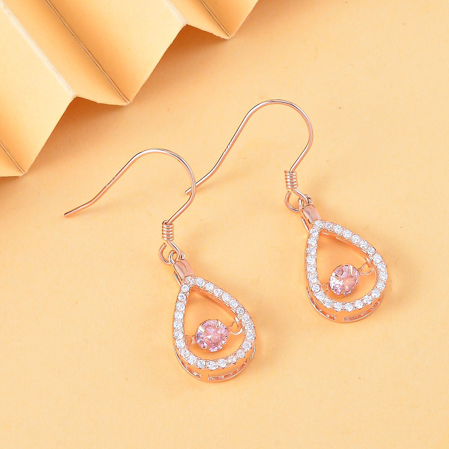 Simulated Pink Sapphire Dangle Earrings in Rose Gold Overlay Sterling Silver 1.37 Ct.