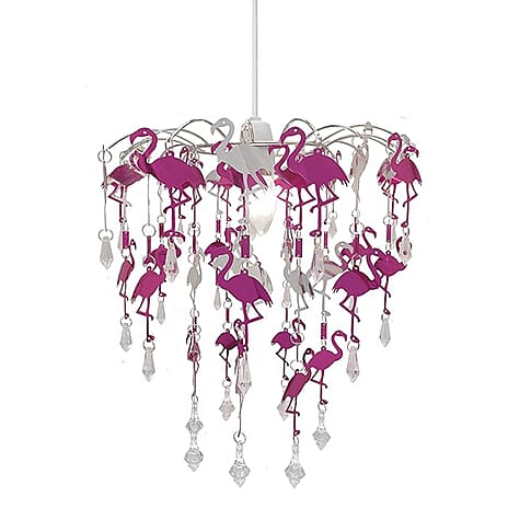 Flamingo Kids Chandelier Lampshade with Cutouts and Gorgeous Crystal Droplets - Pink & Silver