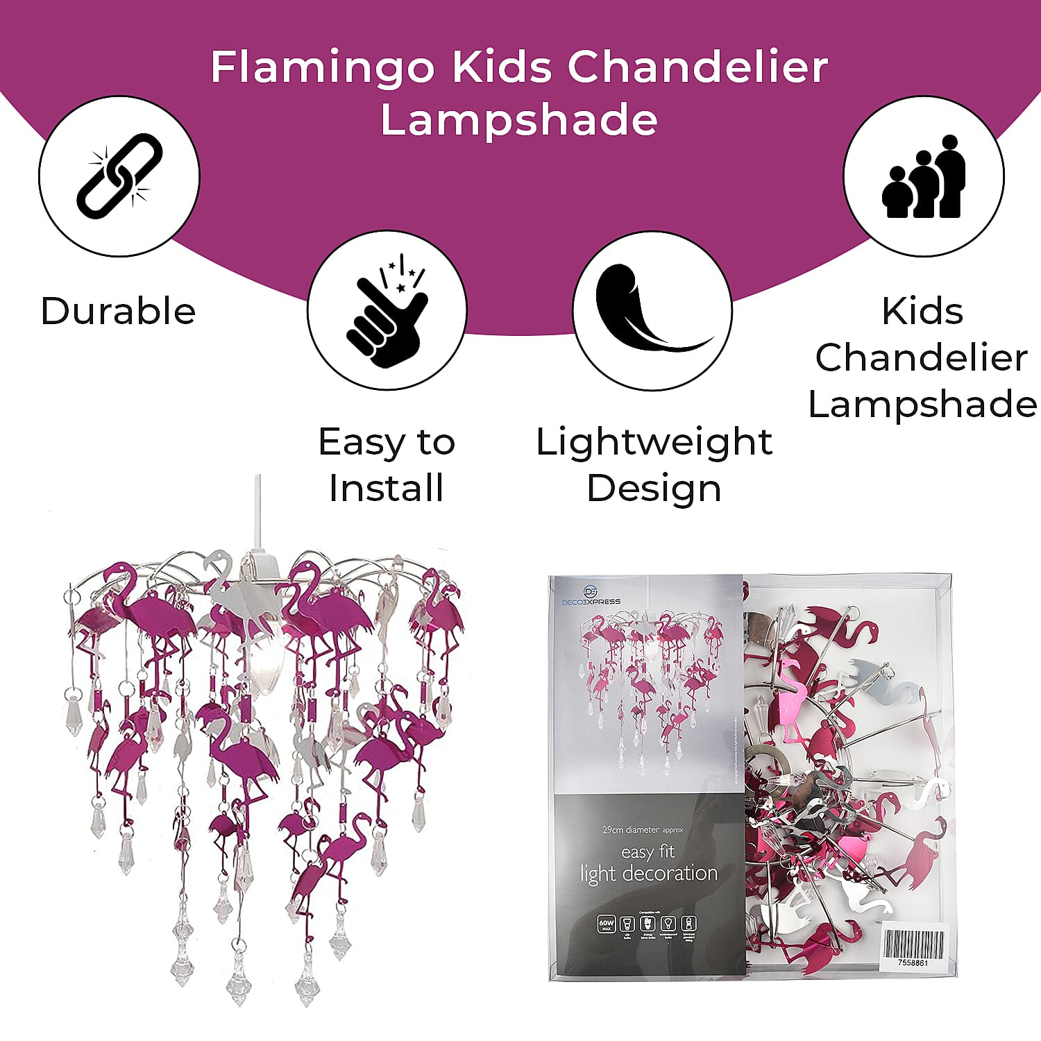 Flamingo Kids Chandelier Lampshade with Cutouts and Gorgeous Crystal Droplets - Pink & Silver