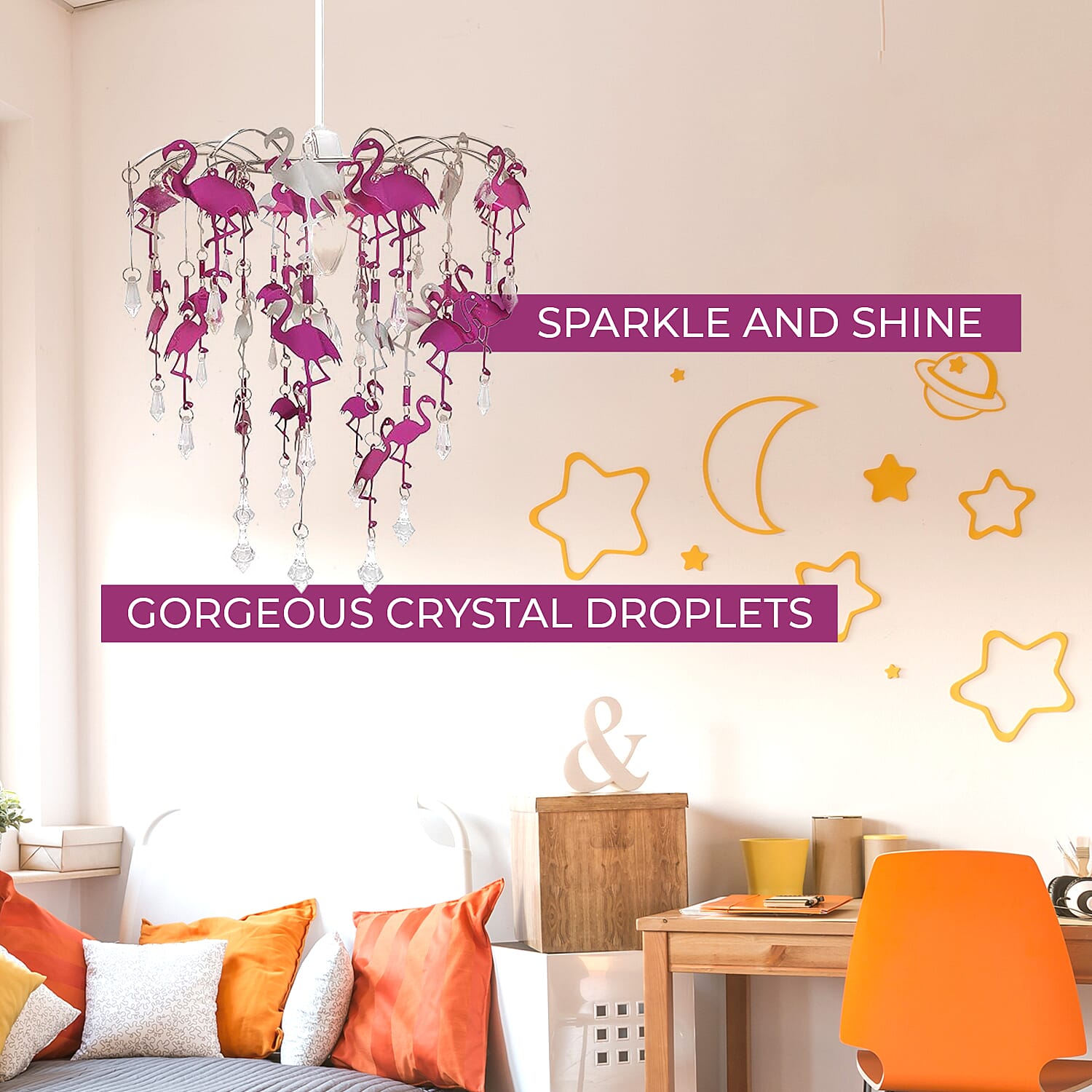 Flamingo Kids Chandelier Lampshade with Cutouts and Gorgeous Crystal Droplets - Pink & Silver