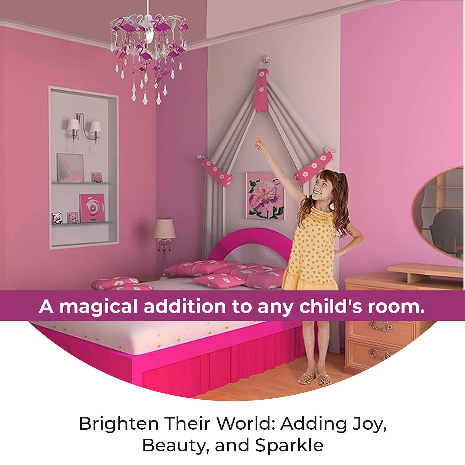 Flamingo Kids Chandelier Lampshade with Cutouts and Gorgeous Crystal Droplets - Pink & Silver