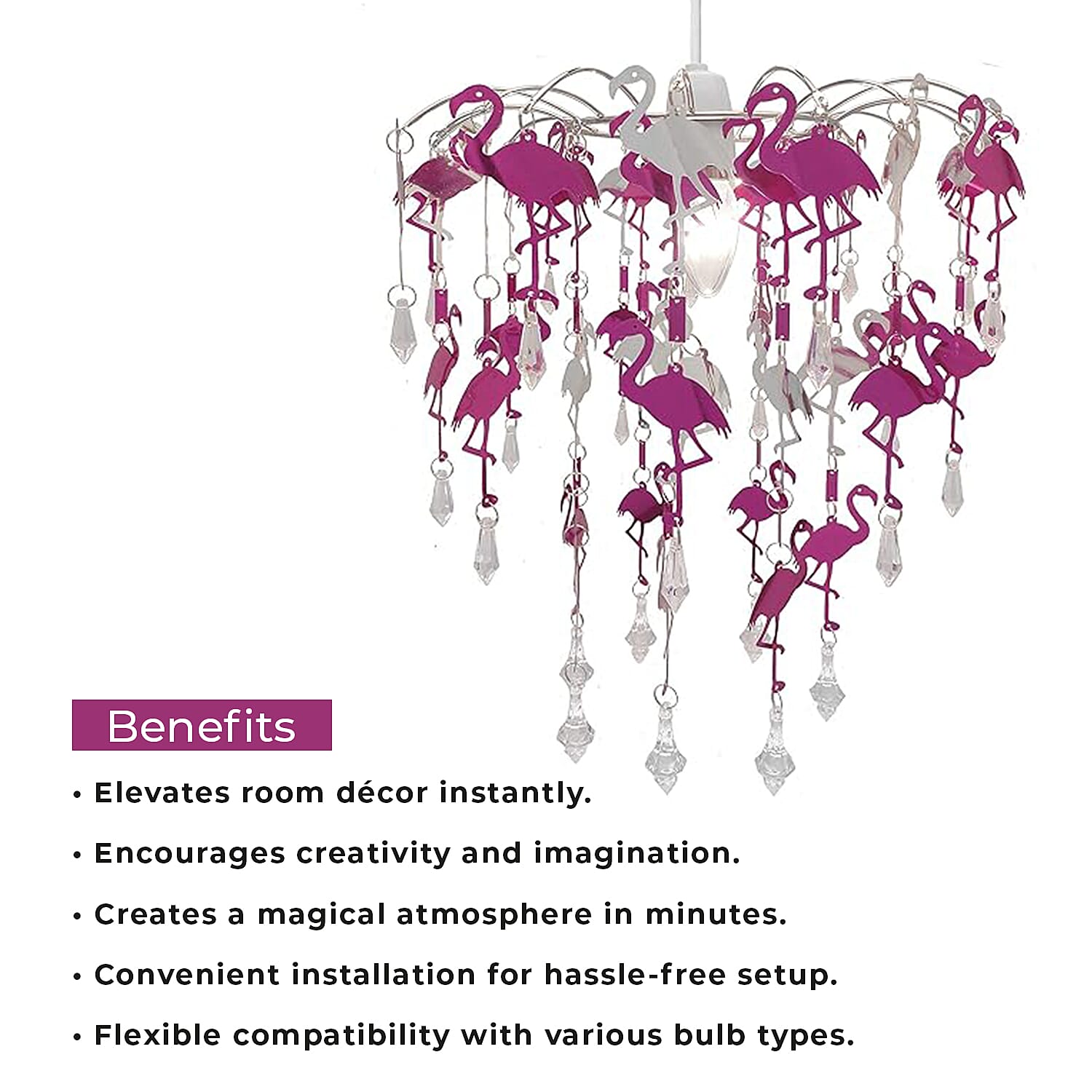Flamingo Kids Chandelier Lampshade with Cutouts and Gorgeous Crystal Droplets - Pink & Silver