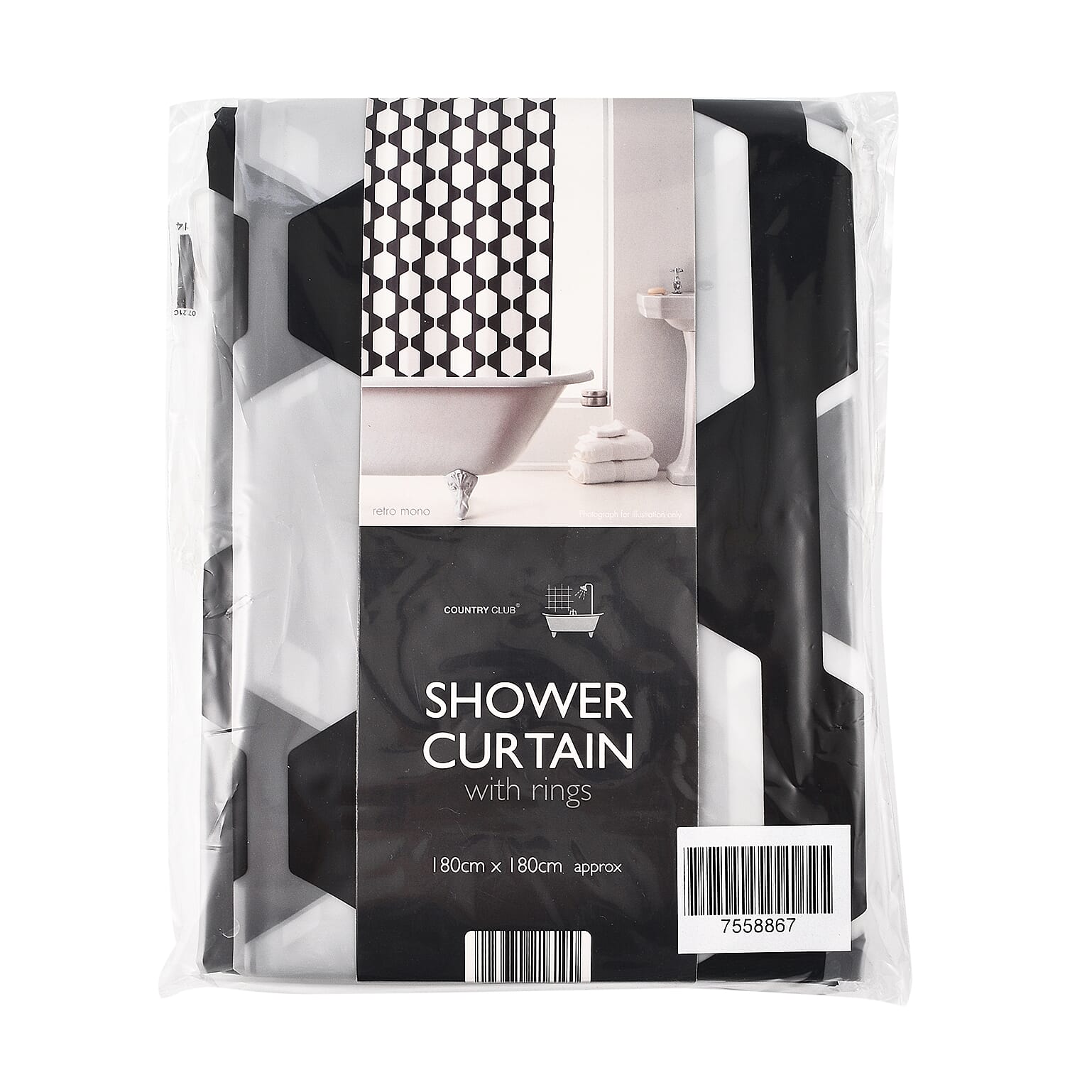 PEVA Shower Curtain with Hooks Retro Mono (Size 180 cm) - Black and Grey