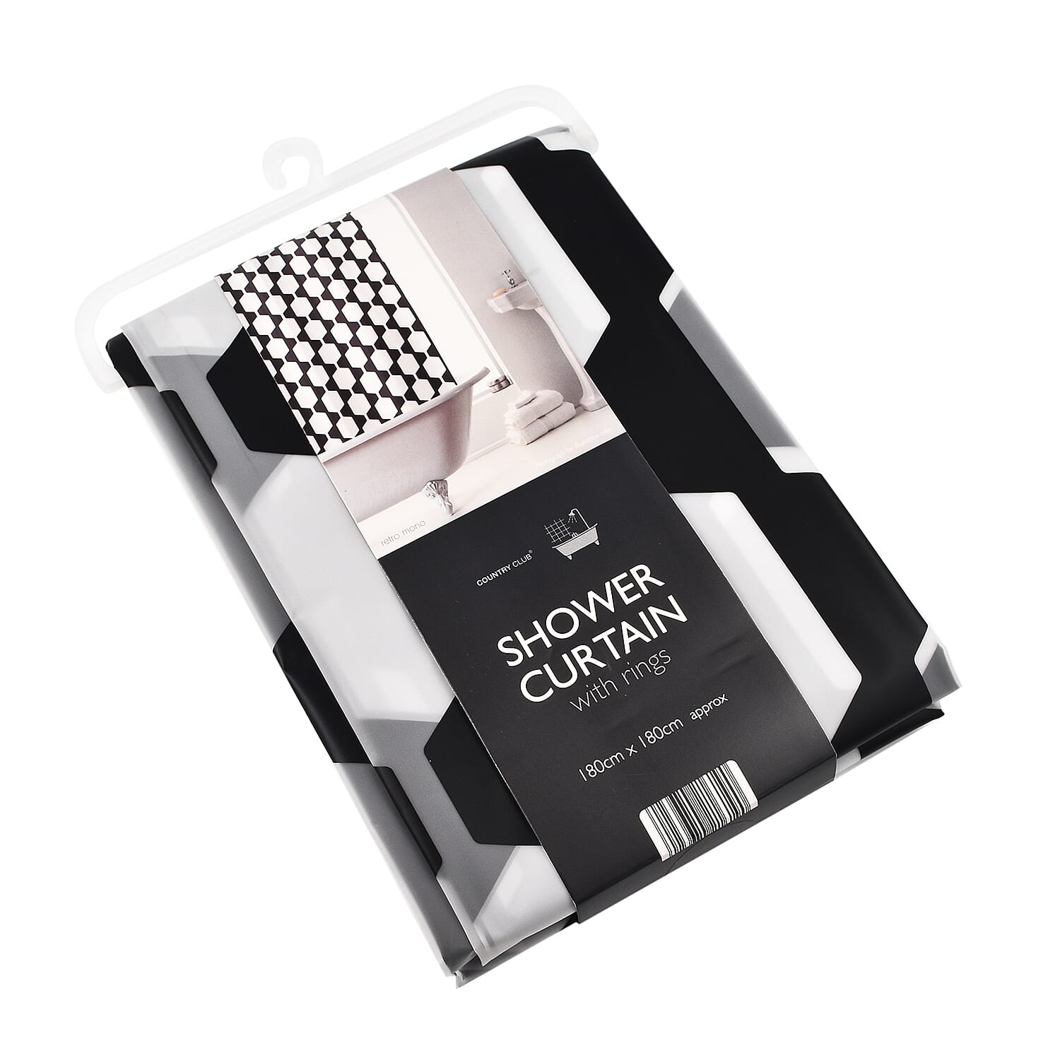 PEVA Shower Curtain with Hooks Retro Mono (Size 180 cm) - Black and Grey