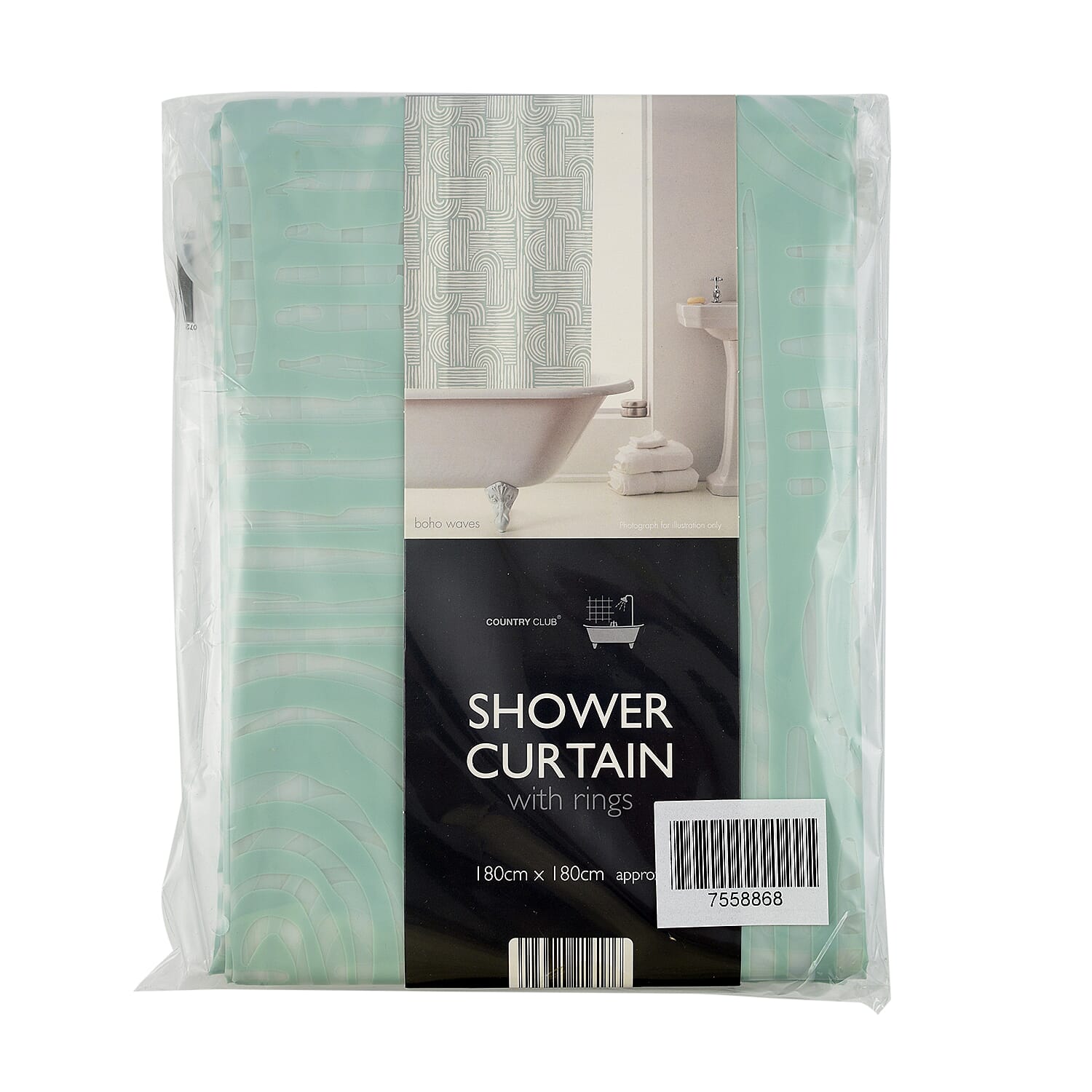 PEVA Shower Curtain with Hooks Boho Waves (Size 180 cm) - Light Green