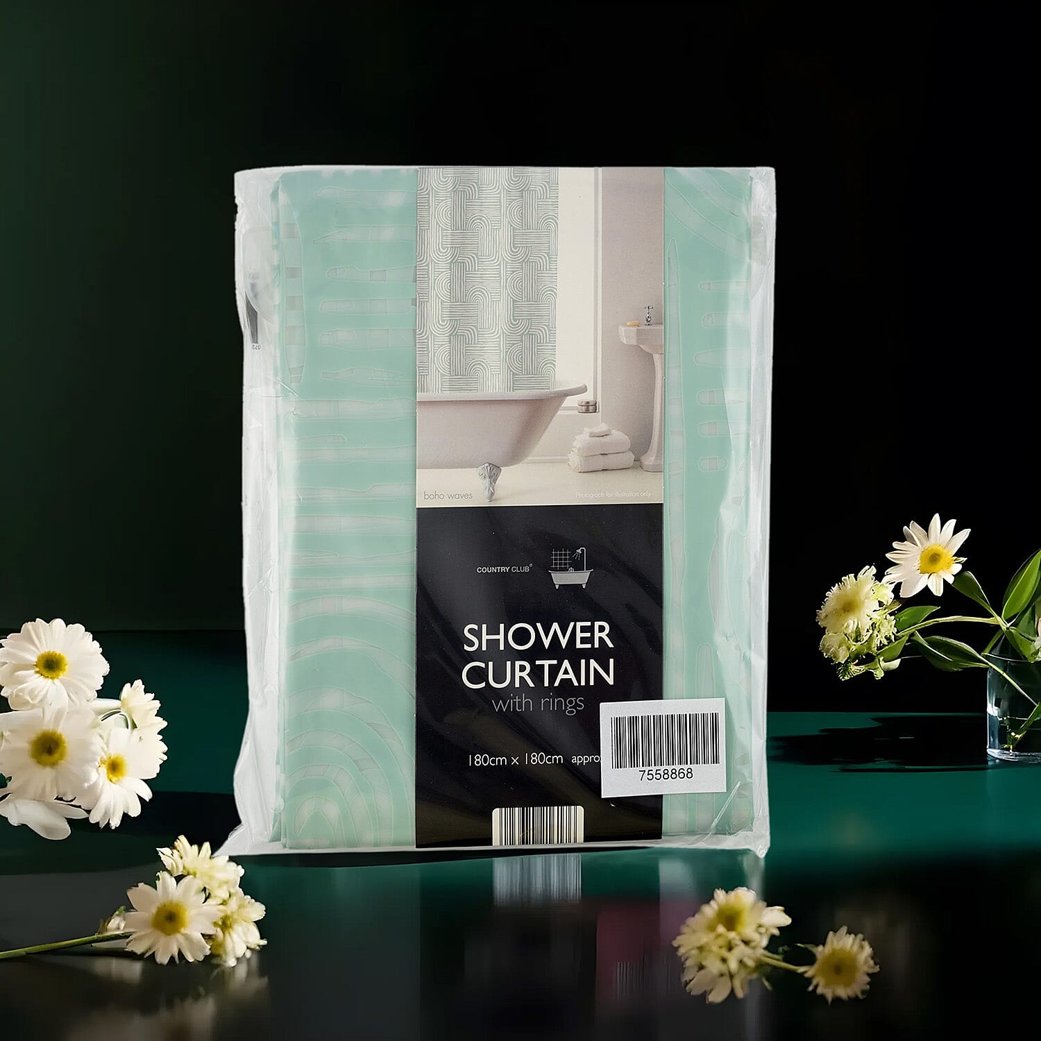 PEVA Shower Curtain with Hooks Boho Waves (Size 180 cm) - Light Green