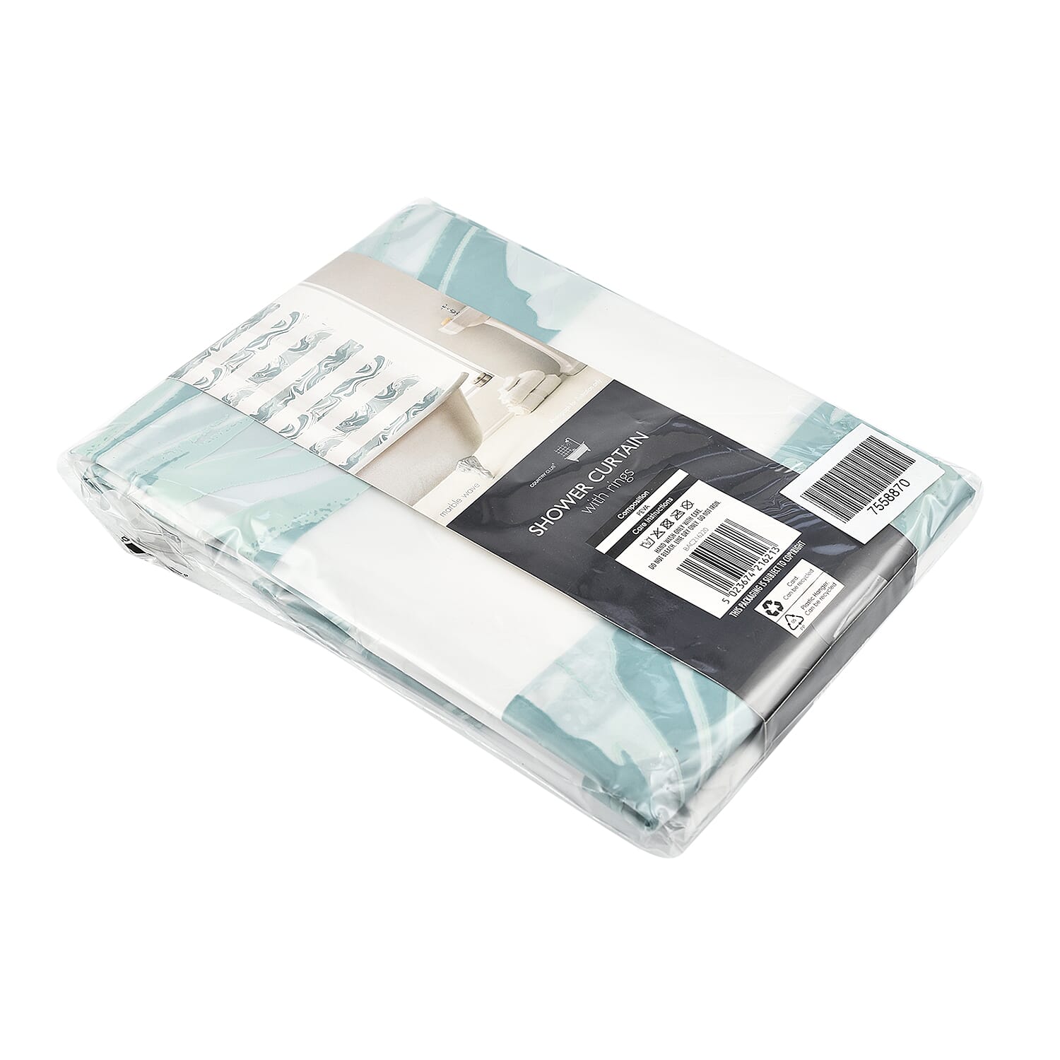 PEVA Shower Curtain with Hooks Marble Wave (Size 180 cm) - Green