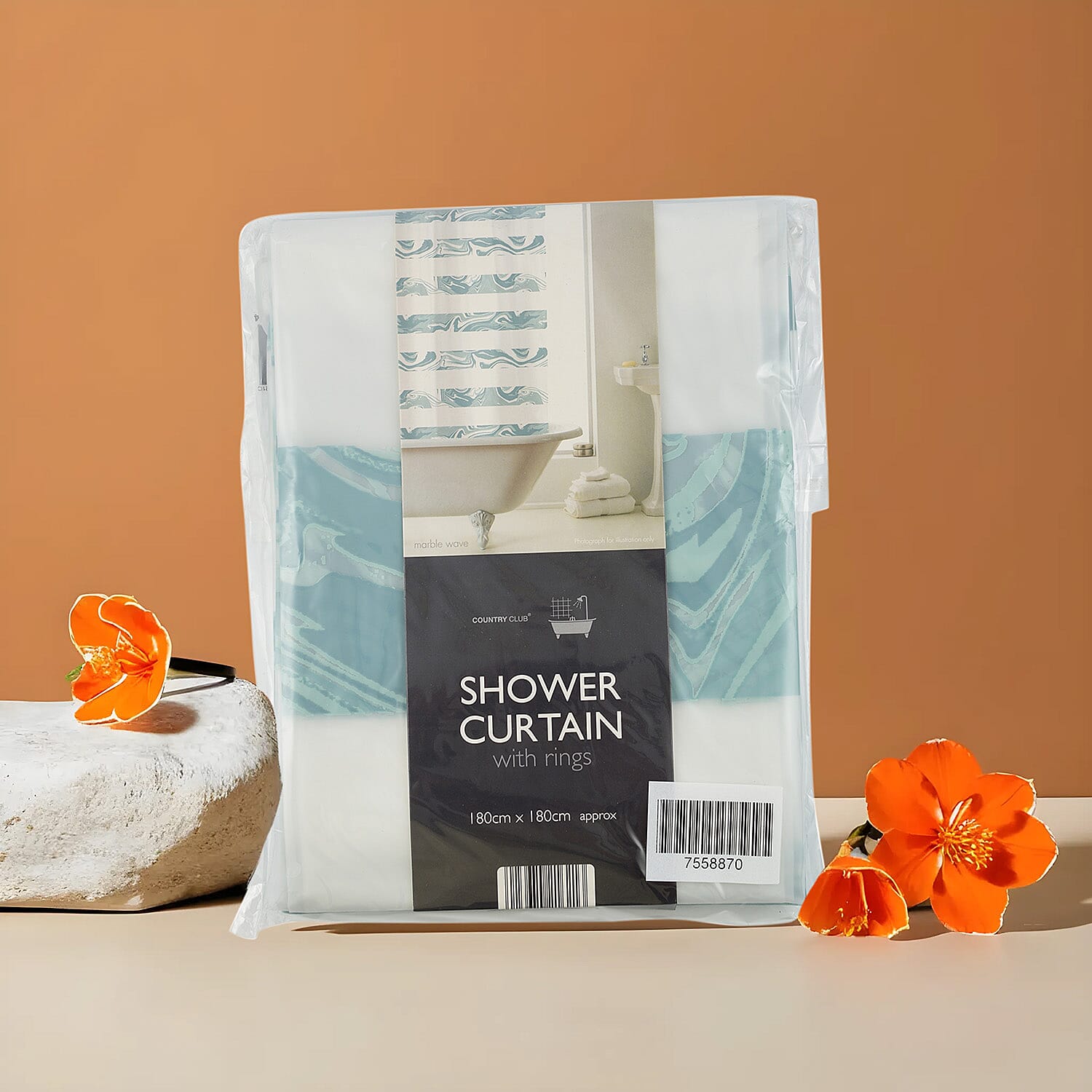 PEVA Shower Curtain with Hooks Marble Wave (Size 180 cm) - Green