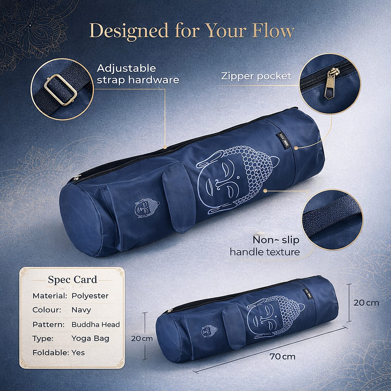Soul Smart Buddha Printed Yoga Bag (Size 70x20 cm) - Navy & Light Blue