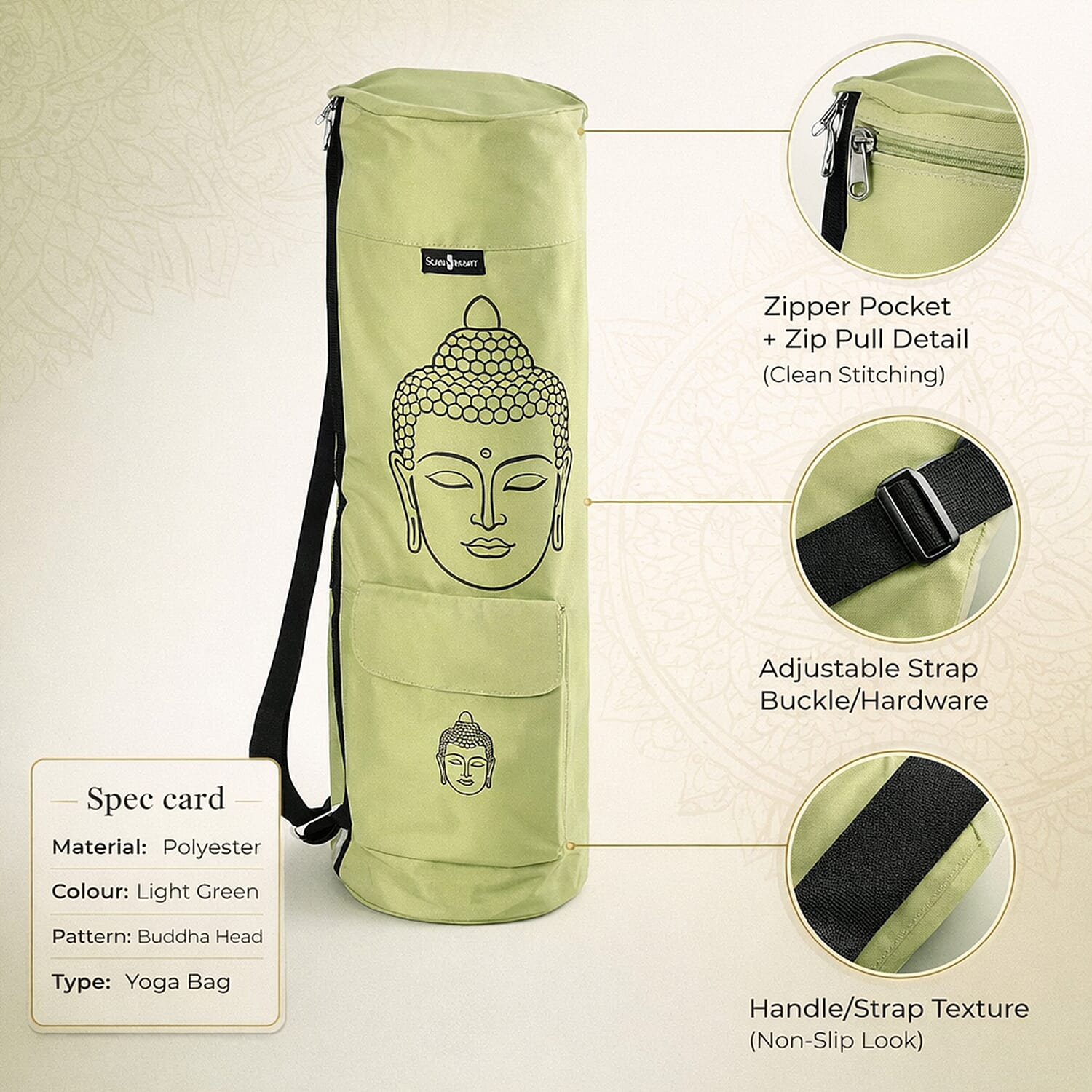 Soul Smart Buddha Printed Yoga Bag (Size 70x20 cm) - Green & Grey