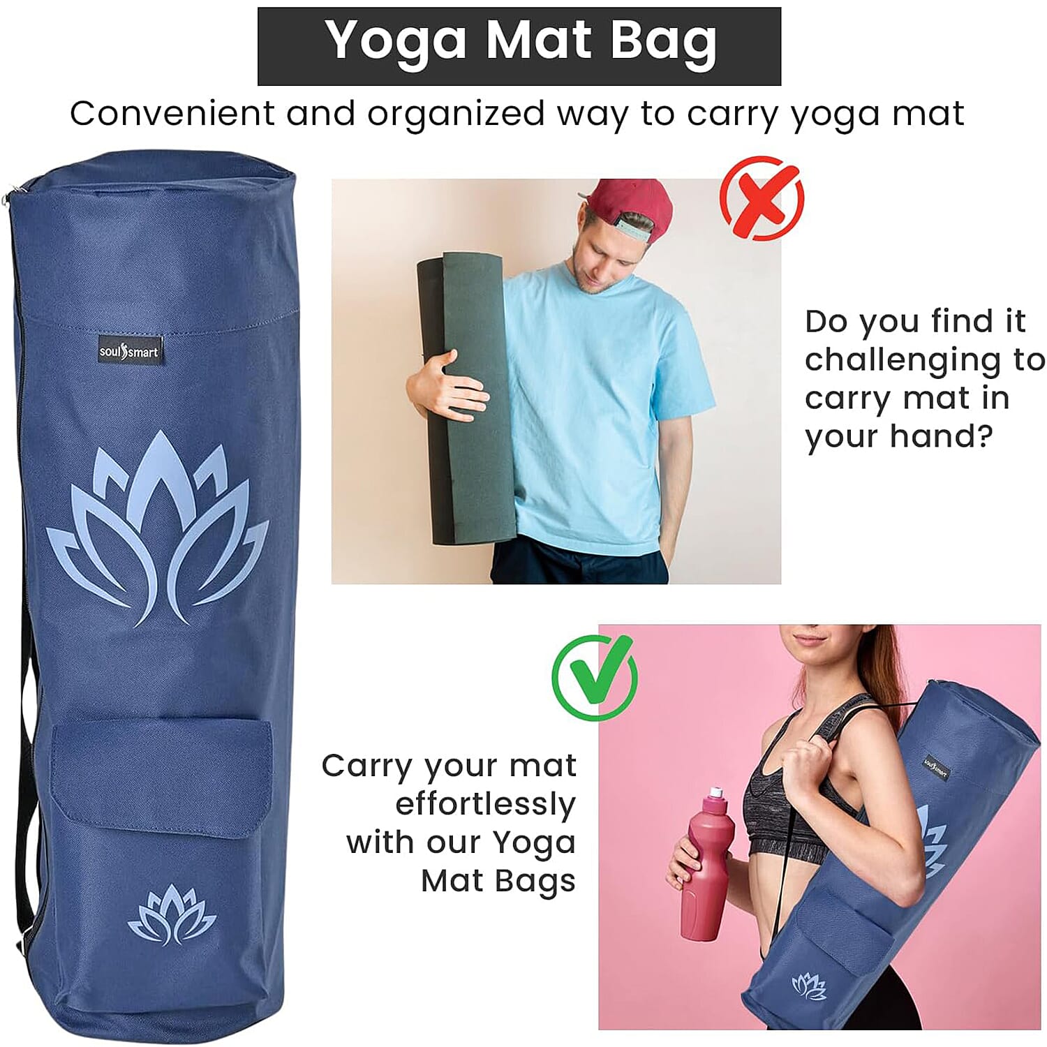 Soul Smart Lotus Printed Yoga Bag (Size 70x20 cm) - Navy & Light Blue